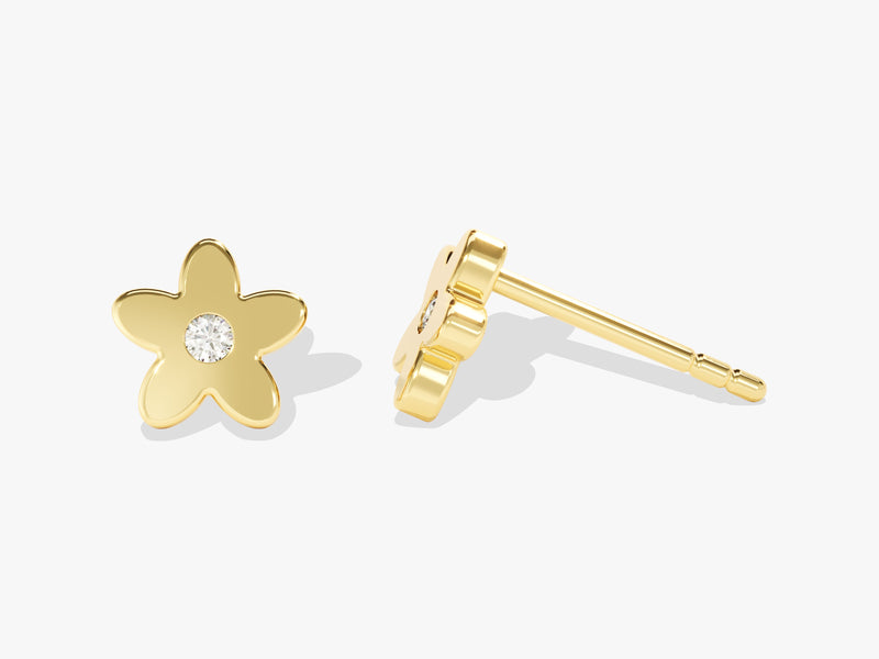 14k Solid Gold Flush Set Diamond Flower Stud Earrings