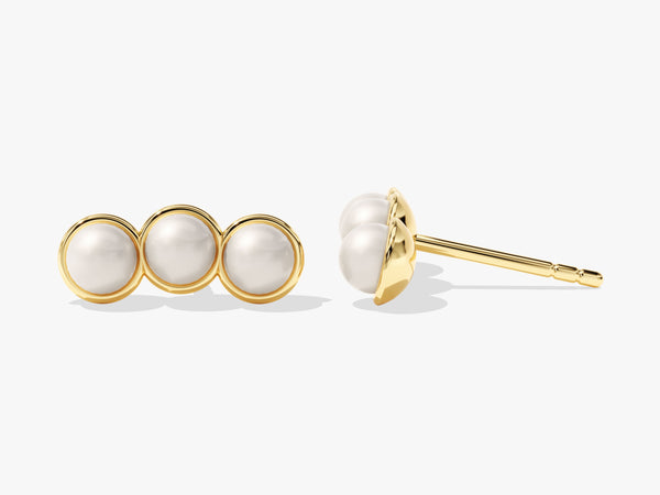 14k Solid Gold Trio Pearl Stud Earrings