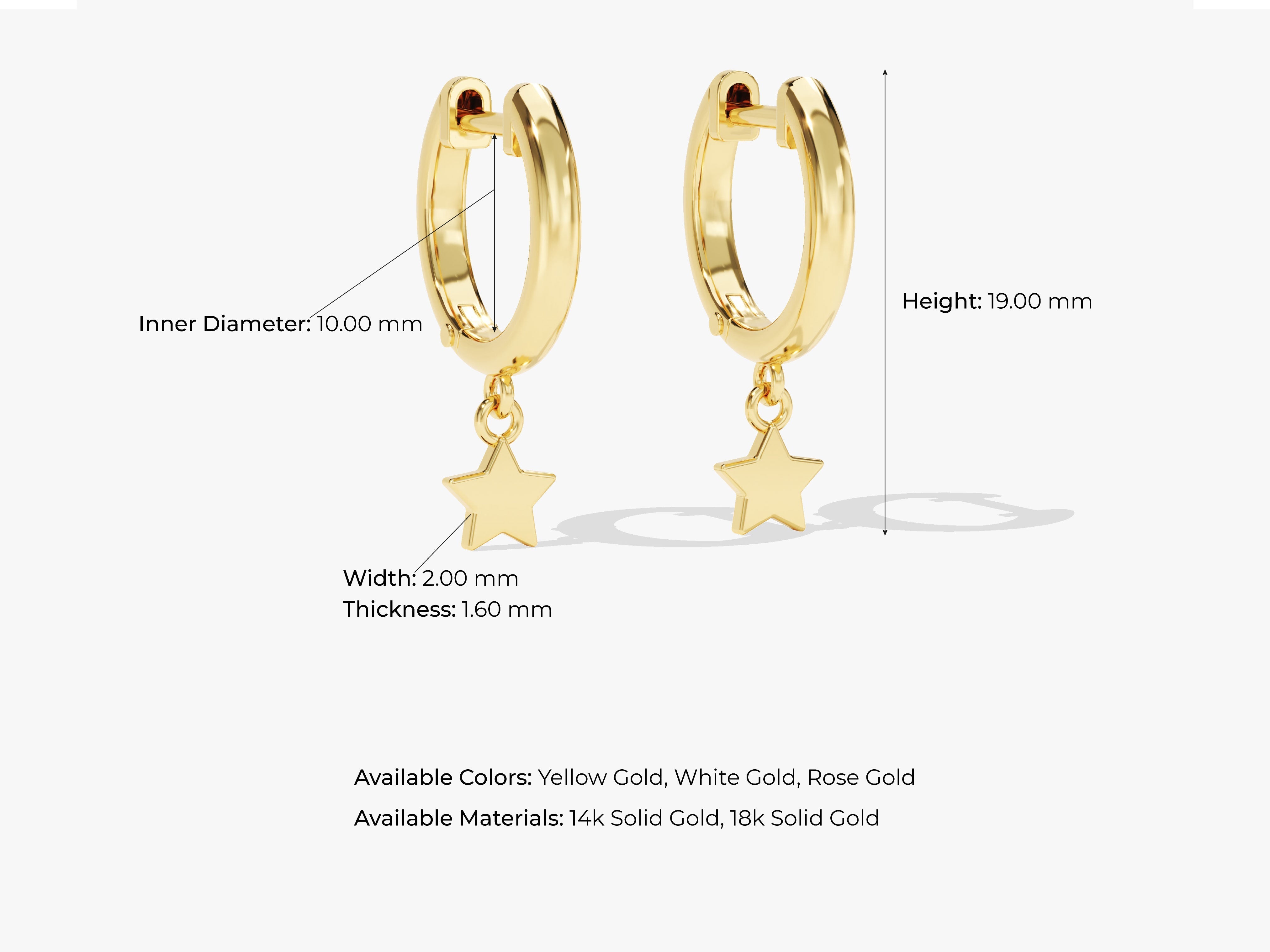 Gold star dangle hoop earrings, available in 14k and 18k solid gold