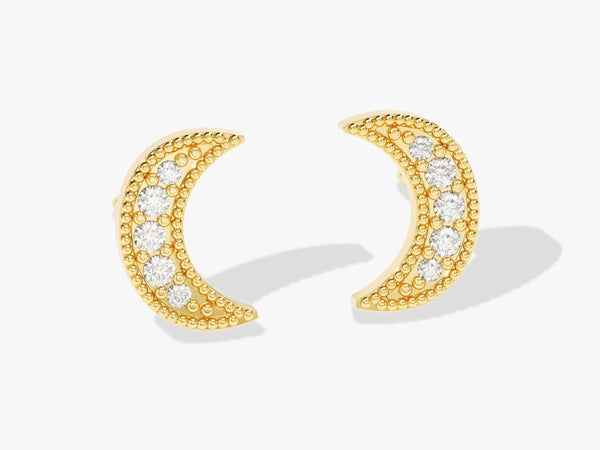 14k Solid Gold Diamond Moon Stud Earrings