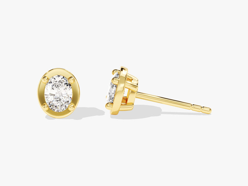 14k Solid Gold Bezel Oval Diamond Solitaire Earrings