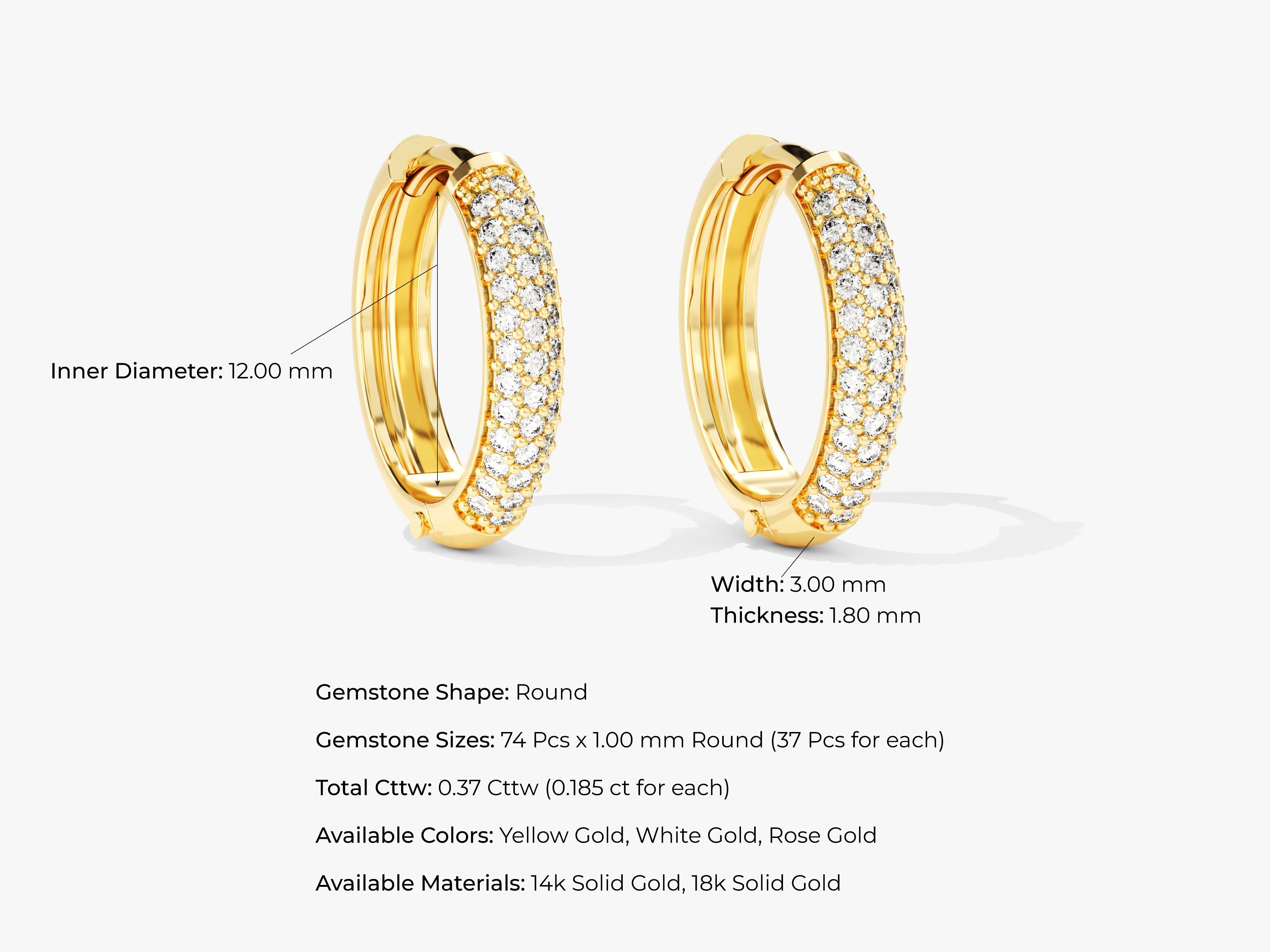 Diamond hoop earrings in yellow gold, white gold, and rose gold