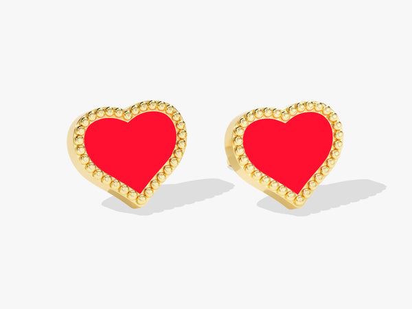 14k Solid Gold Red Enamel Heart Earrings