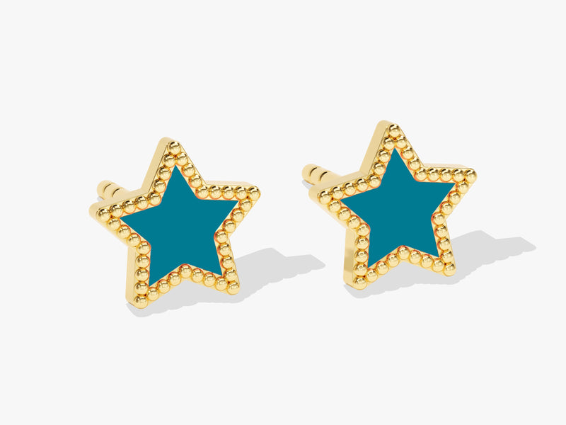 14k Solid Gold Milgrain Blue Enamel Star Earrings