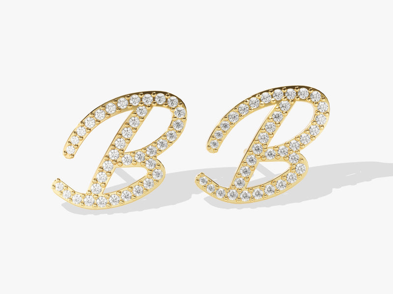 14k Solid Gold Curved Initial Diamond Earrings