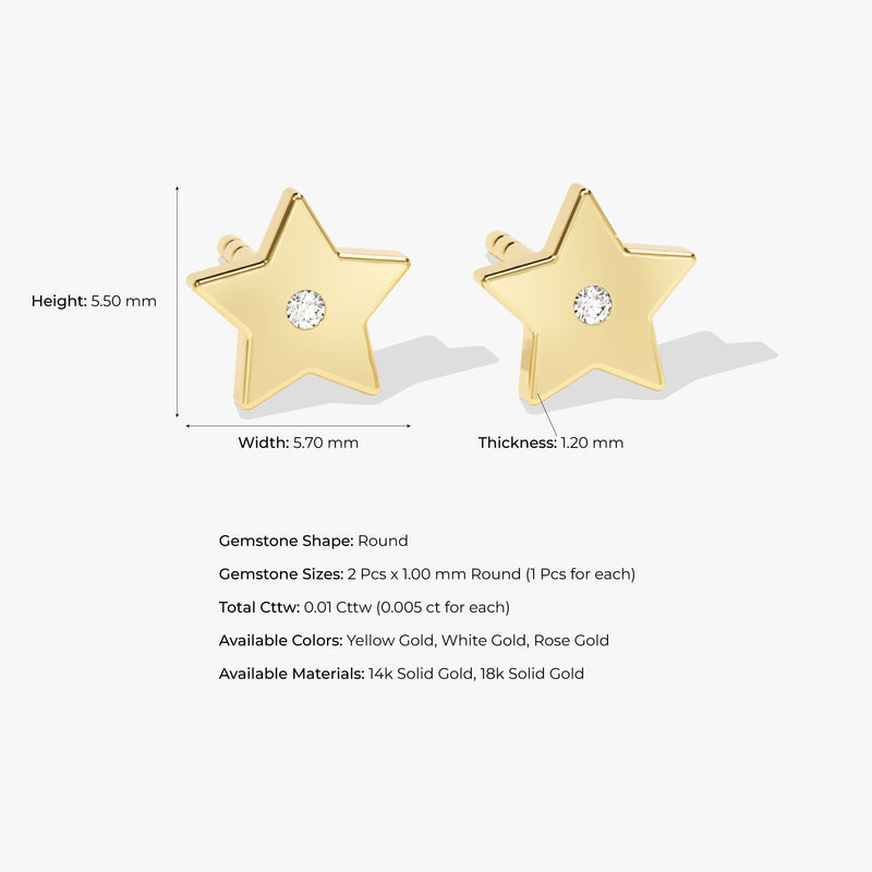 14k Solid Gold Flush Set Diamond Star Earrings