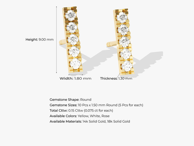 14k Solid Gold Vertical Bar Diamond Earrings