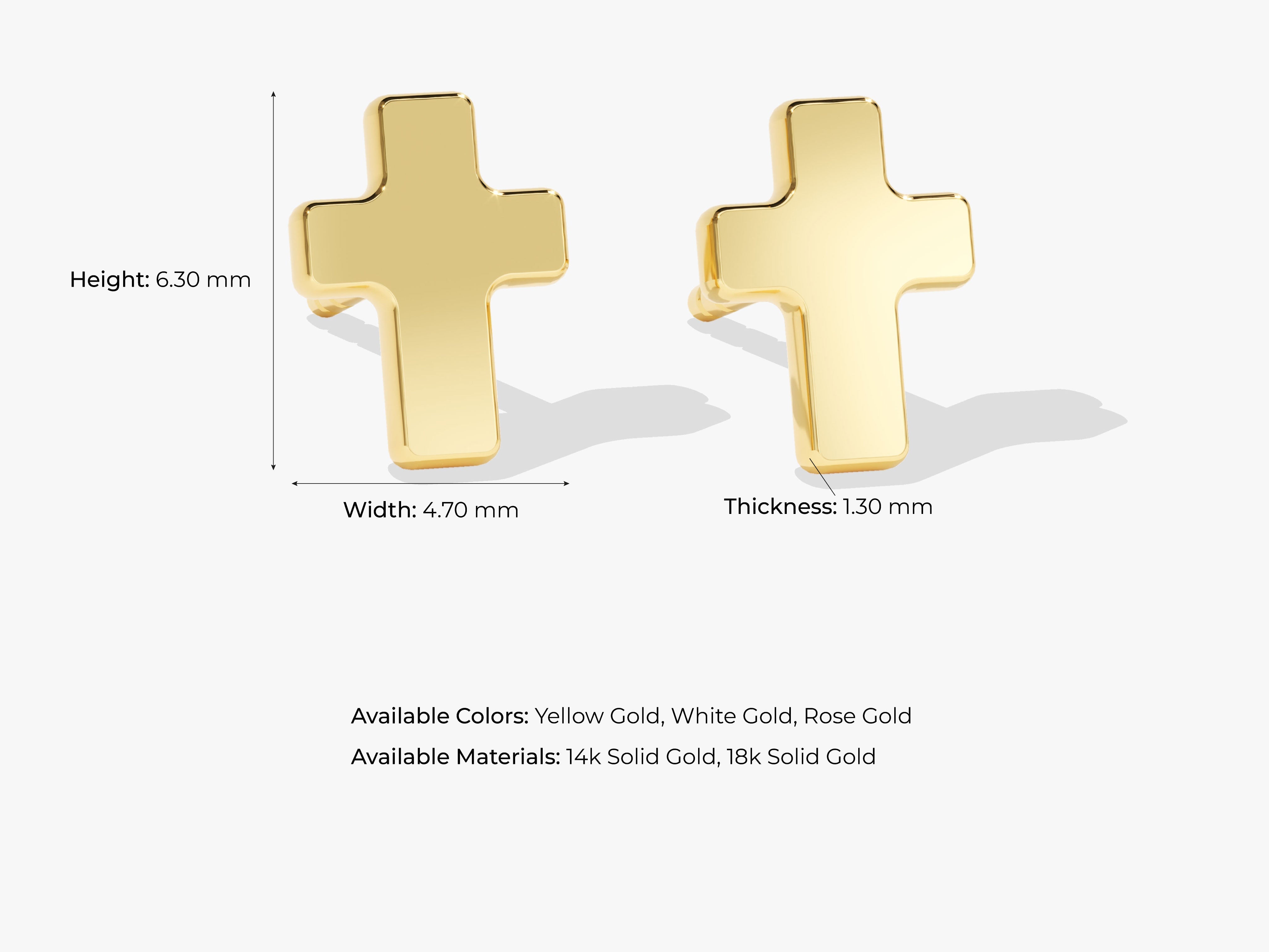 Gold cross earrings, available in yellow, white, and rose gold
