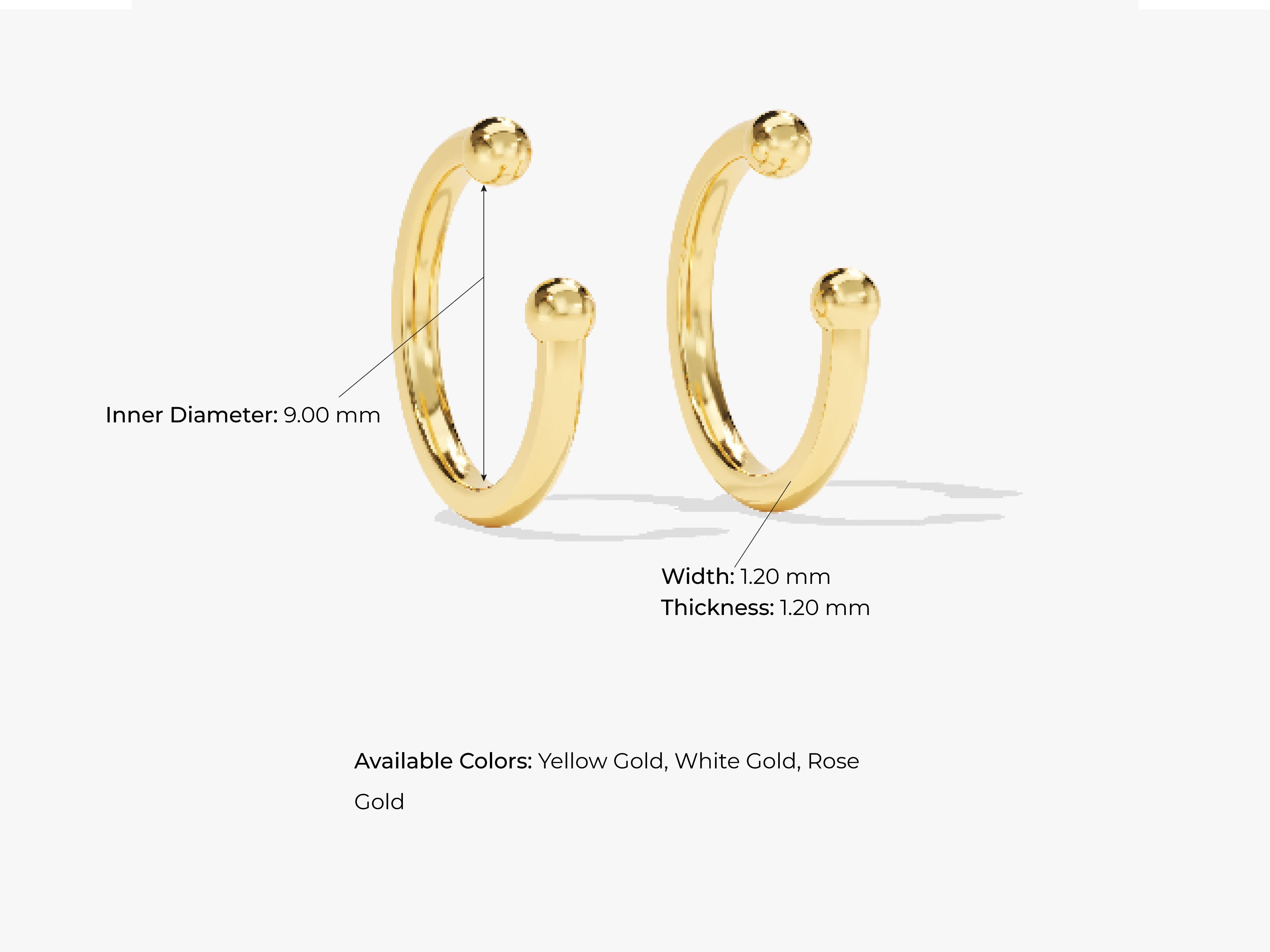 Gold hoop earrings with ball ends, available in yellow, white, and rose gold