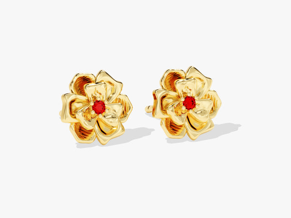 Birthflower Stud Earrings with Birthstone in 14k Solid Gold