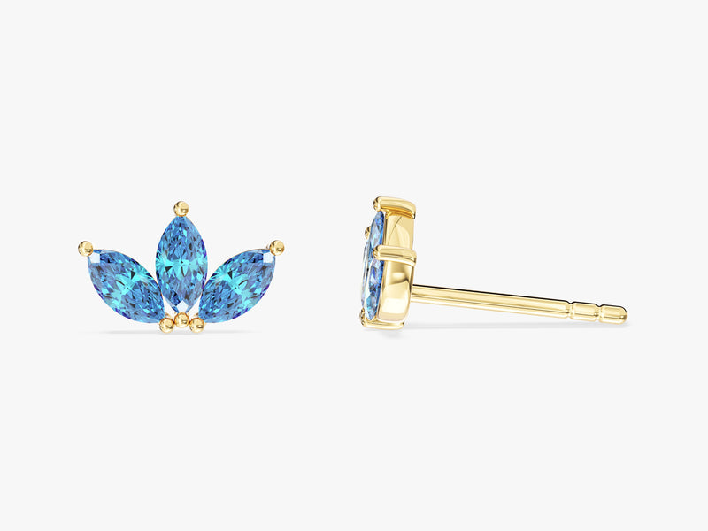 Blue Topaz Marquise Crown Stud Earrings in 14k Solid Gold