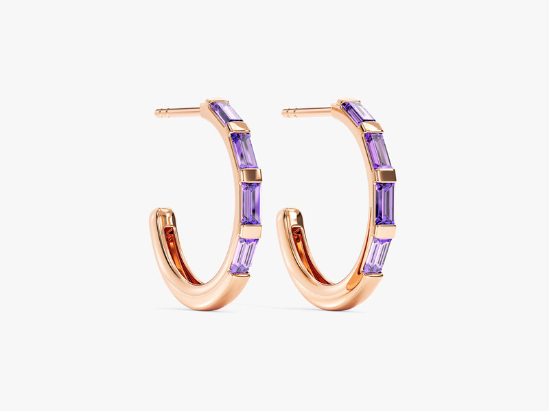 Baguette Amethyst Hoop Earrings in 14k Solid Gold