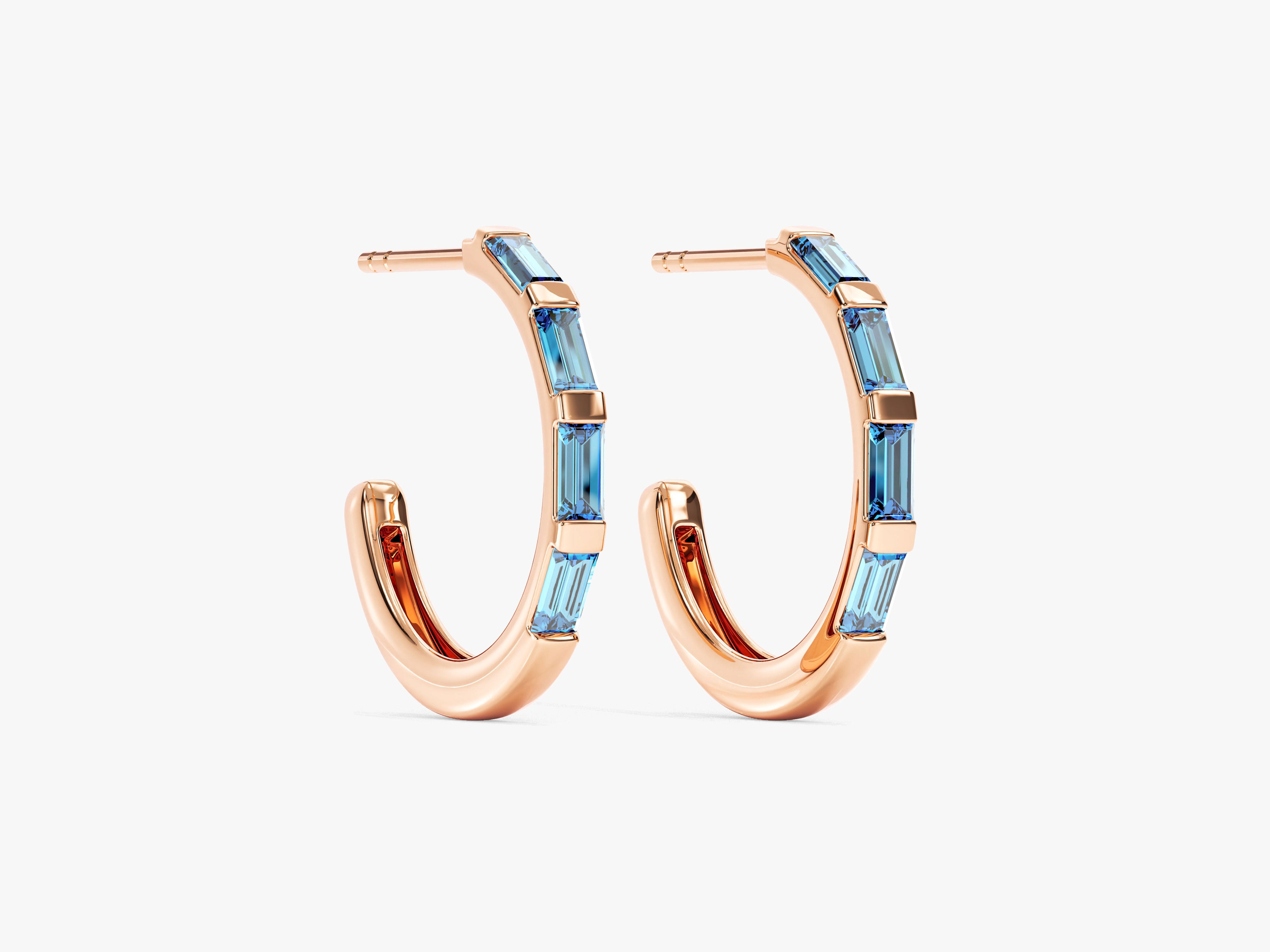 Baguette Blue Topaz Hoop Earrings in 14k Solid Gold