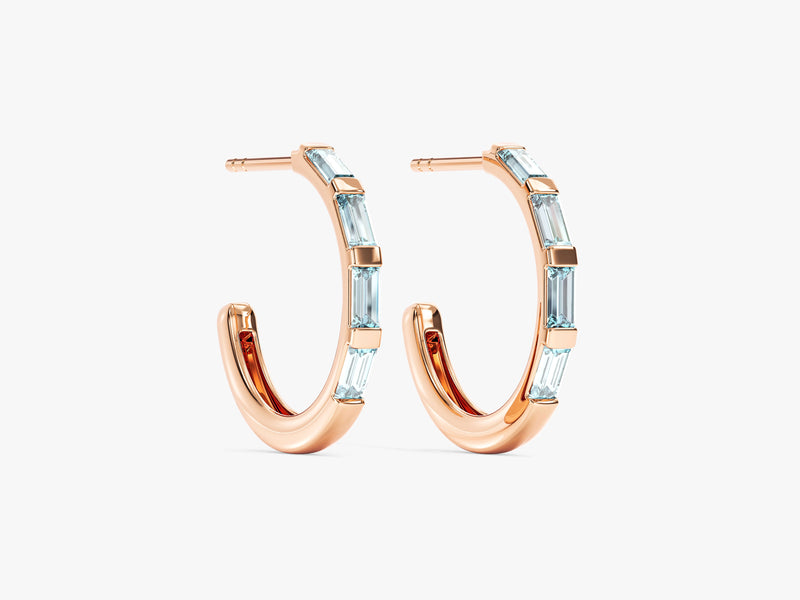 Baguette Aquamarine Hoop Earrings in 14k Solid Gold