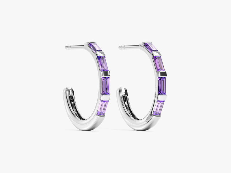 Baguette Amethyst Hoop Earrings in 14k Solid Gold