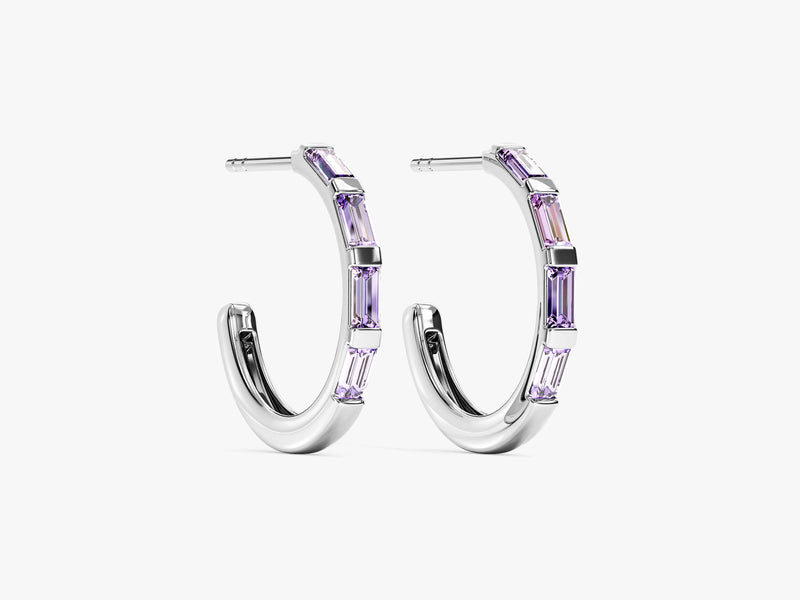 Baguette Alexandrite Hoop Earrings in 14k Solid Gold