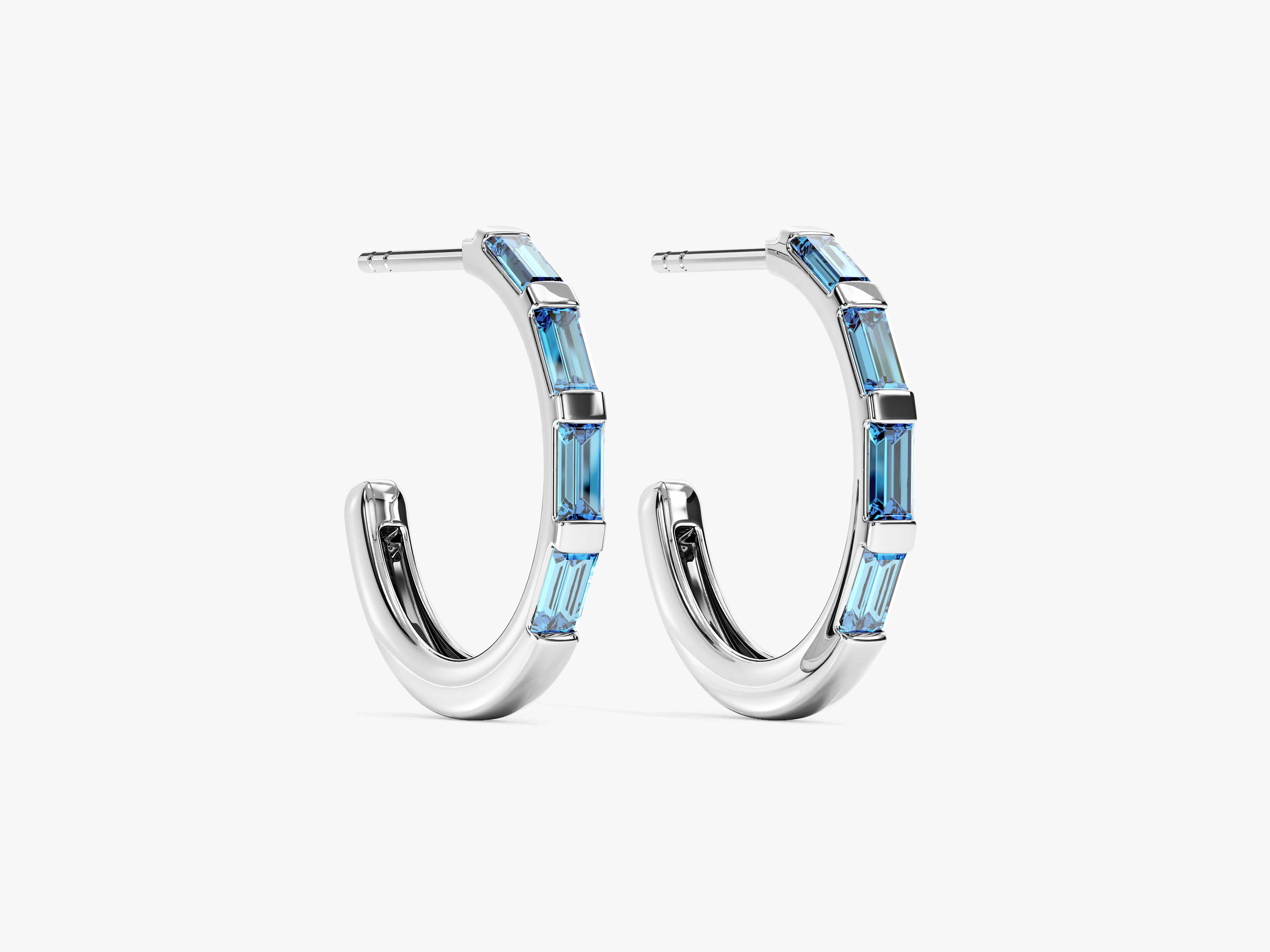 Baguette Blue Topaz Hoop Earrings in 14k Solid Gold