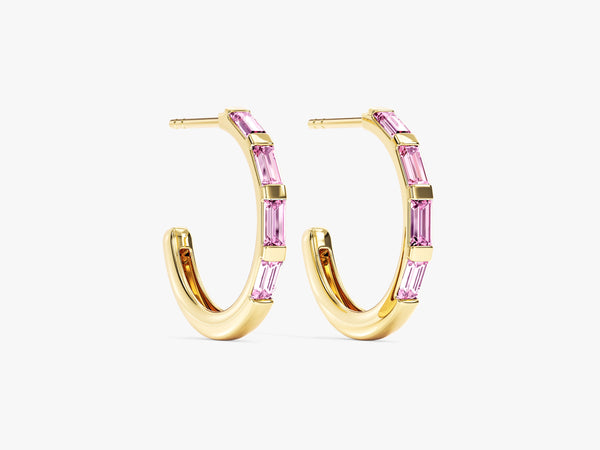 Baguette Pink Tourmaline Hoop Earrings in 14k Solid Gold