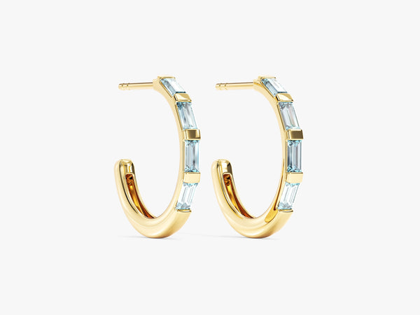 Baguette Aquamarine Hoop Earrings in 14k Solid Gold