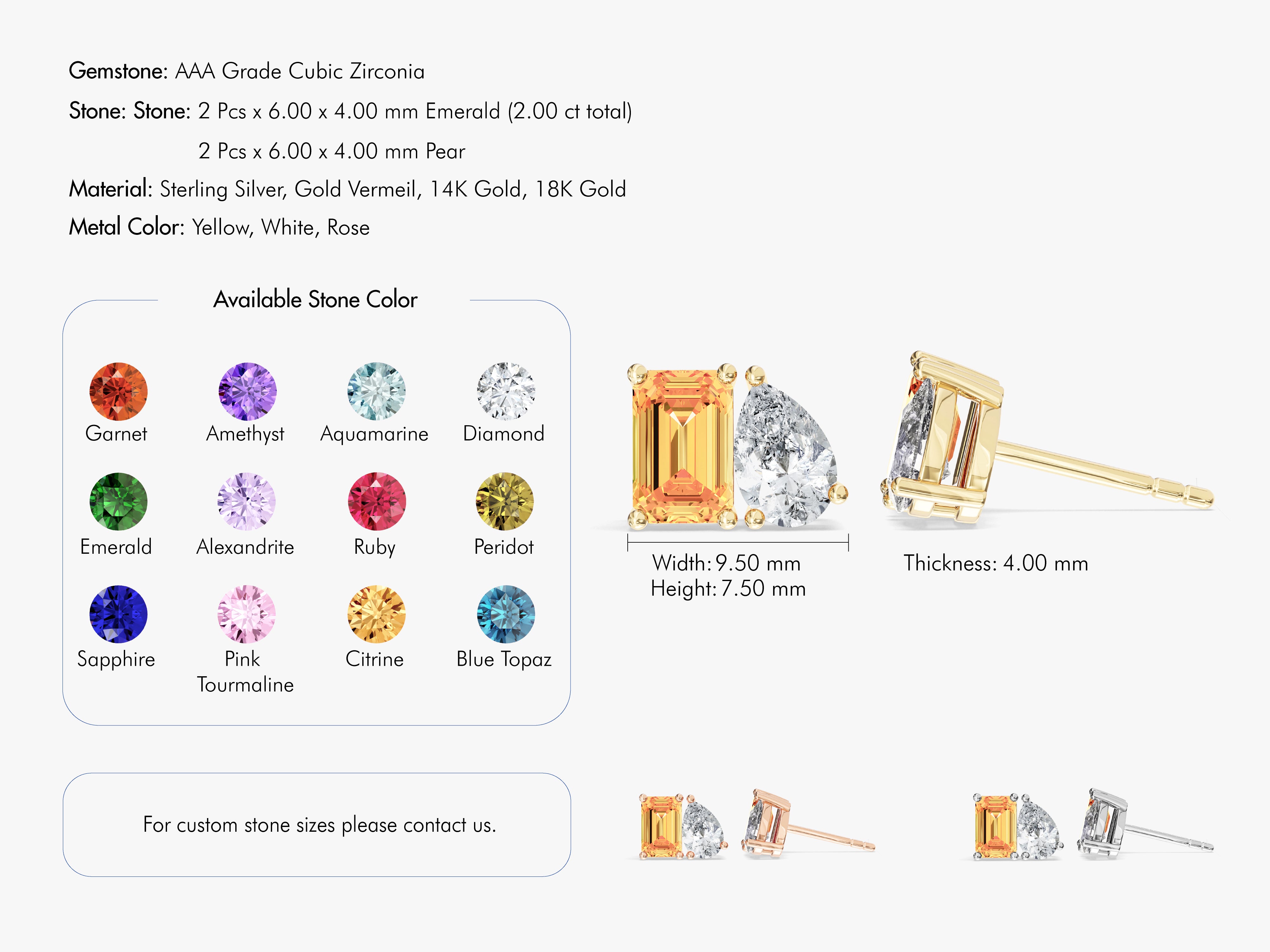 Emerald and pear cut gemstone stud earrings, sterling silver, gold vermeil, 14K, 18K gold