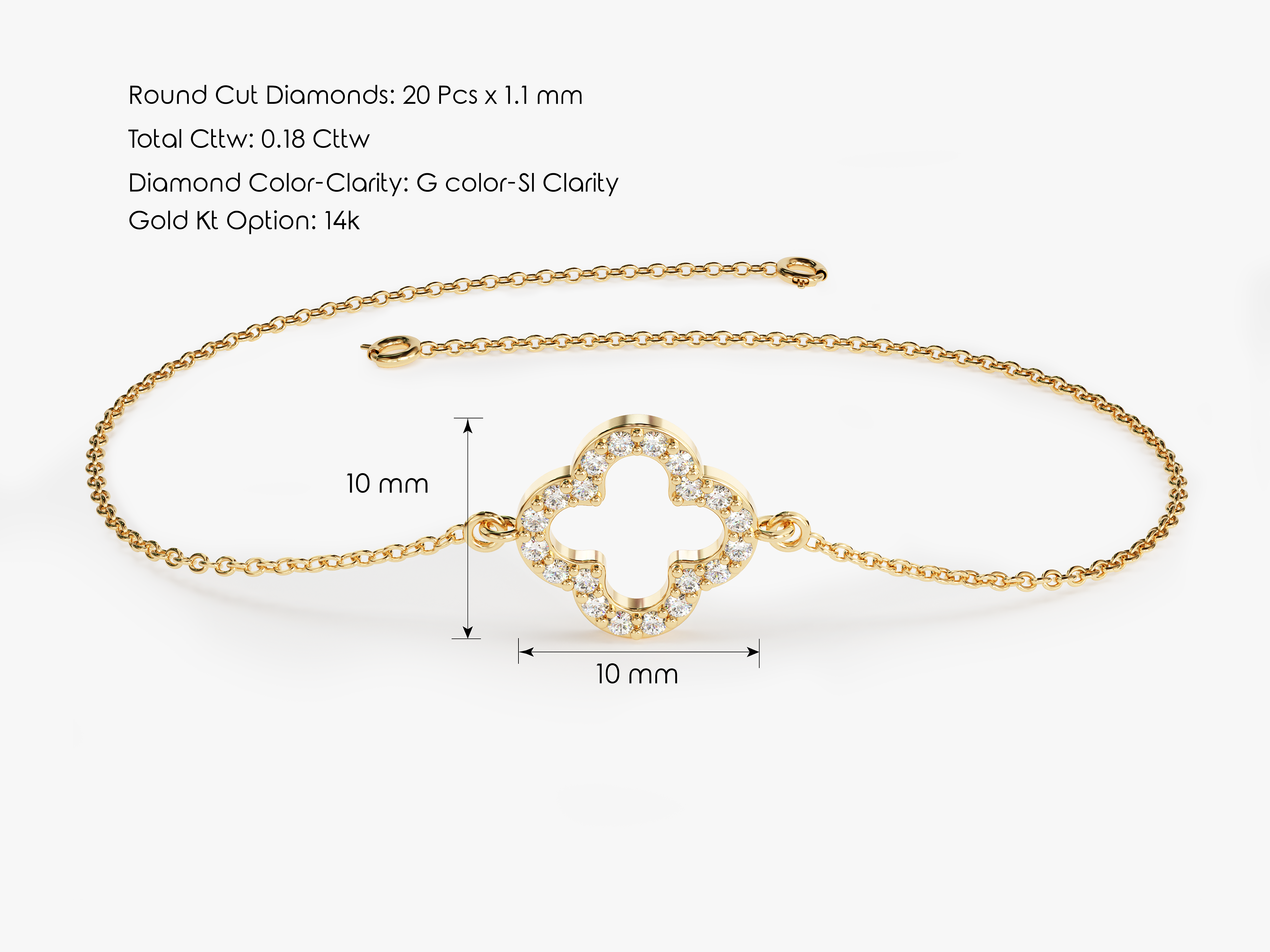 Diamond clover bracelet in 14k gold, 10mm size