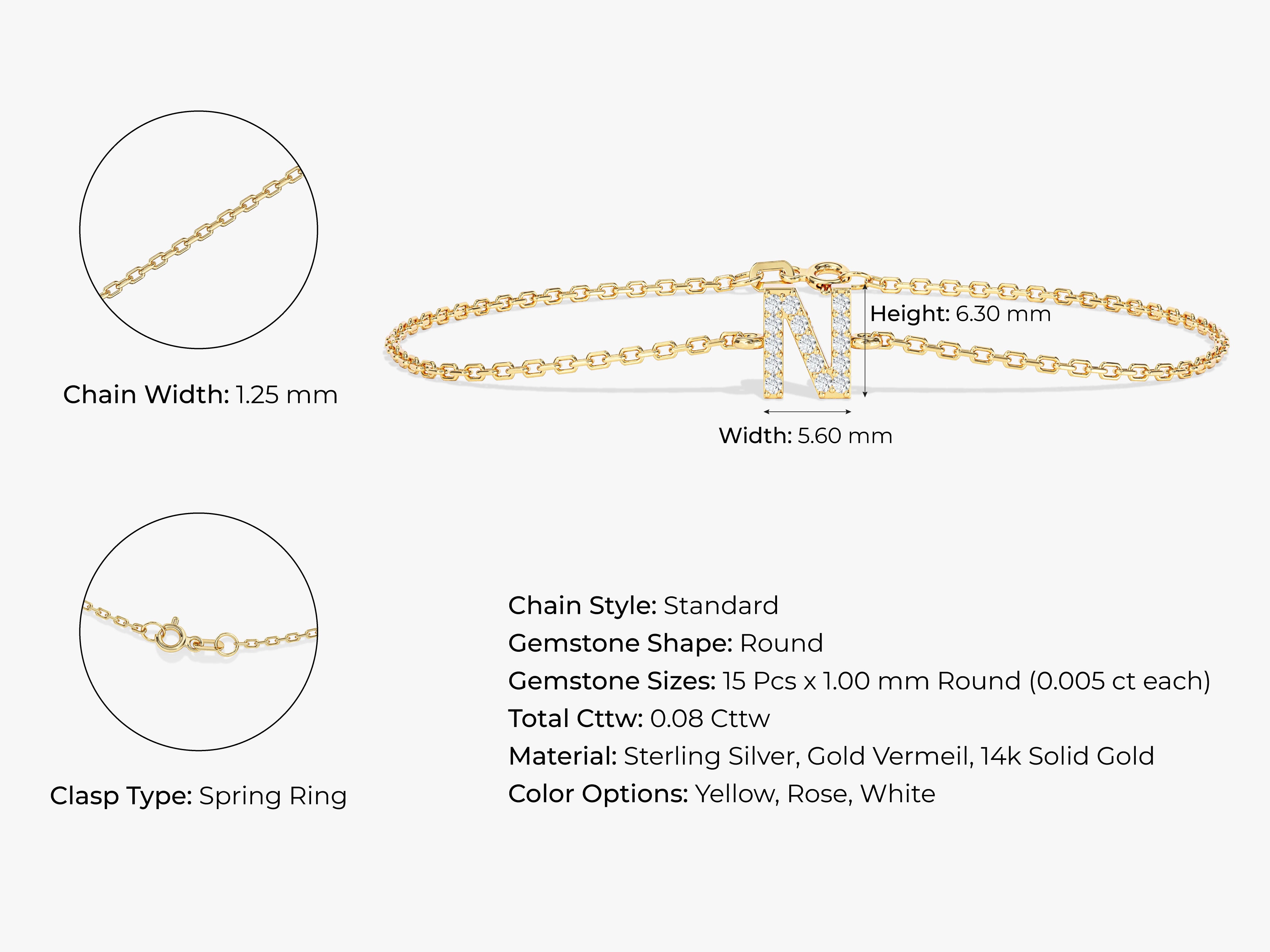 Diamond initial 'N' bracelet, gold vermeil, sterling silver, 14k solid gold