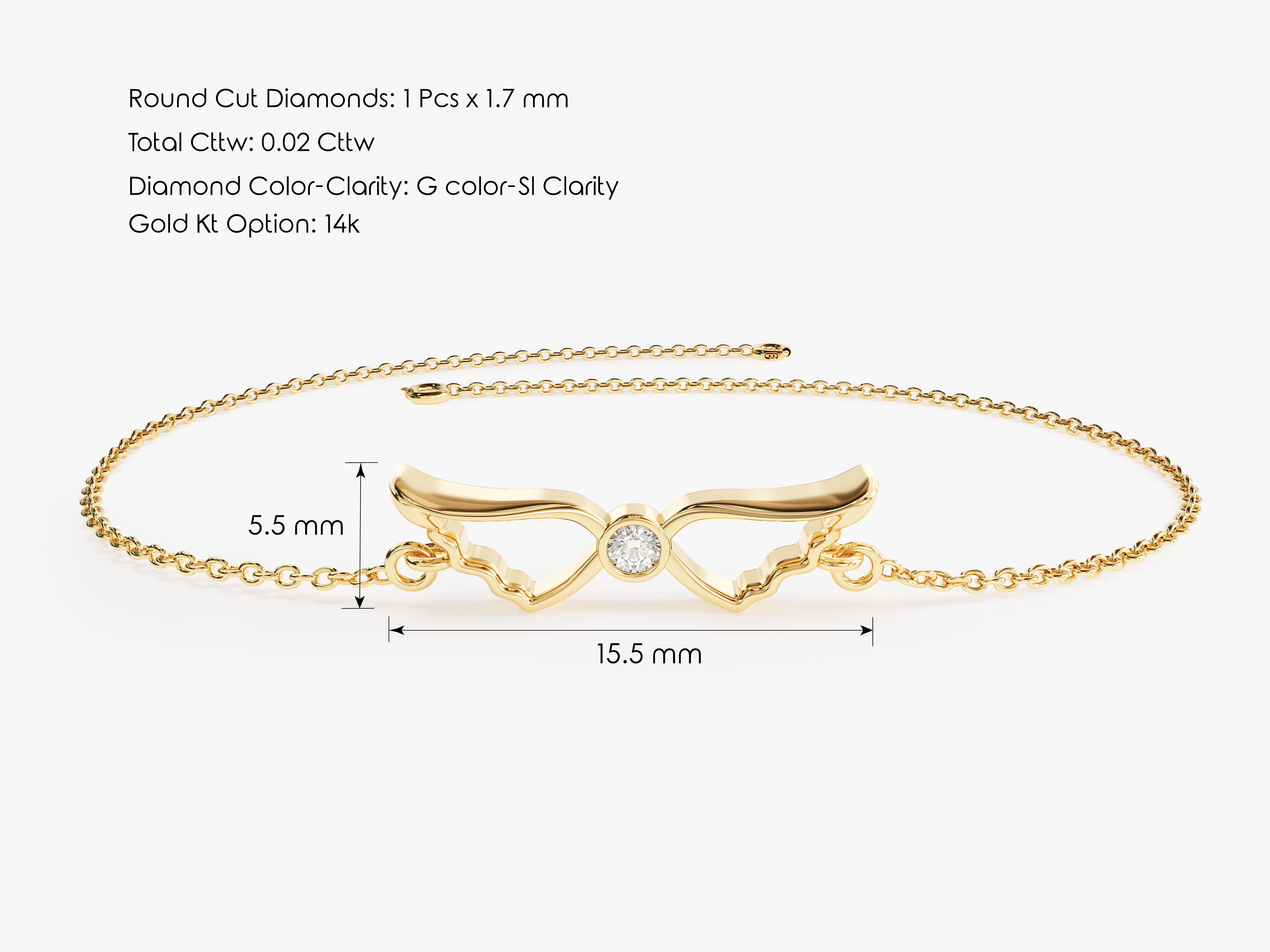 Yellow, White, Rose, 5 Inches, 5.5 Inches, 6 Inches, 6.5 Inches, 7 Inches, 7.5 Inches, 8 Inches, 14k Gold Diamond Angel Wings Bracelet with Size Information