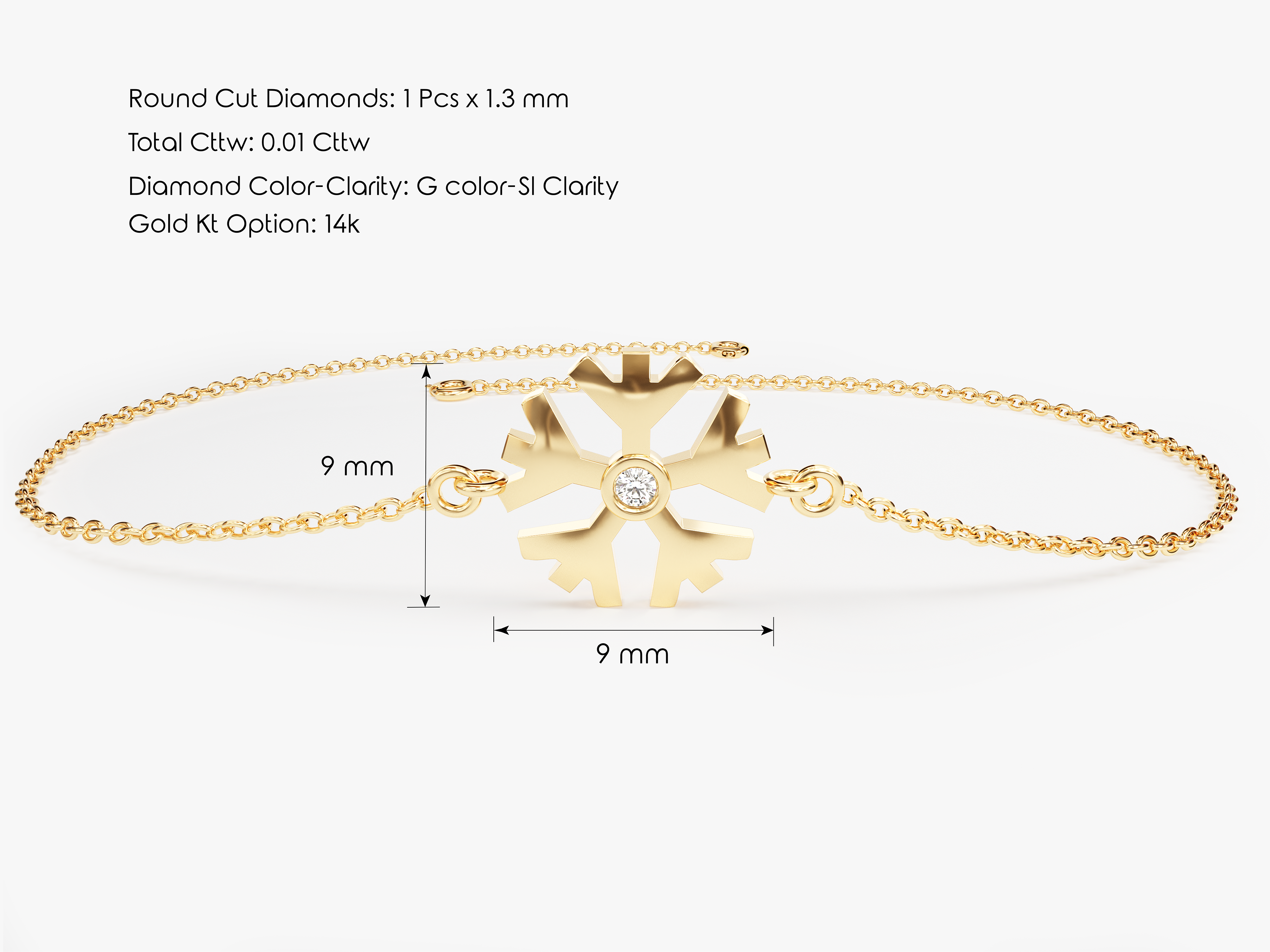 Gold snowflake bracelet with diamond, 14k gold jewelry