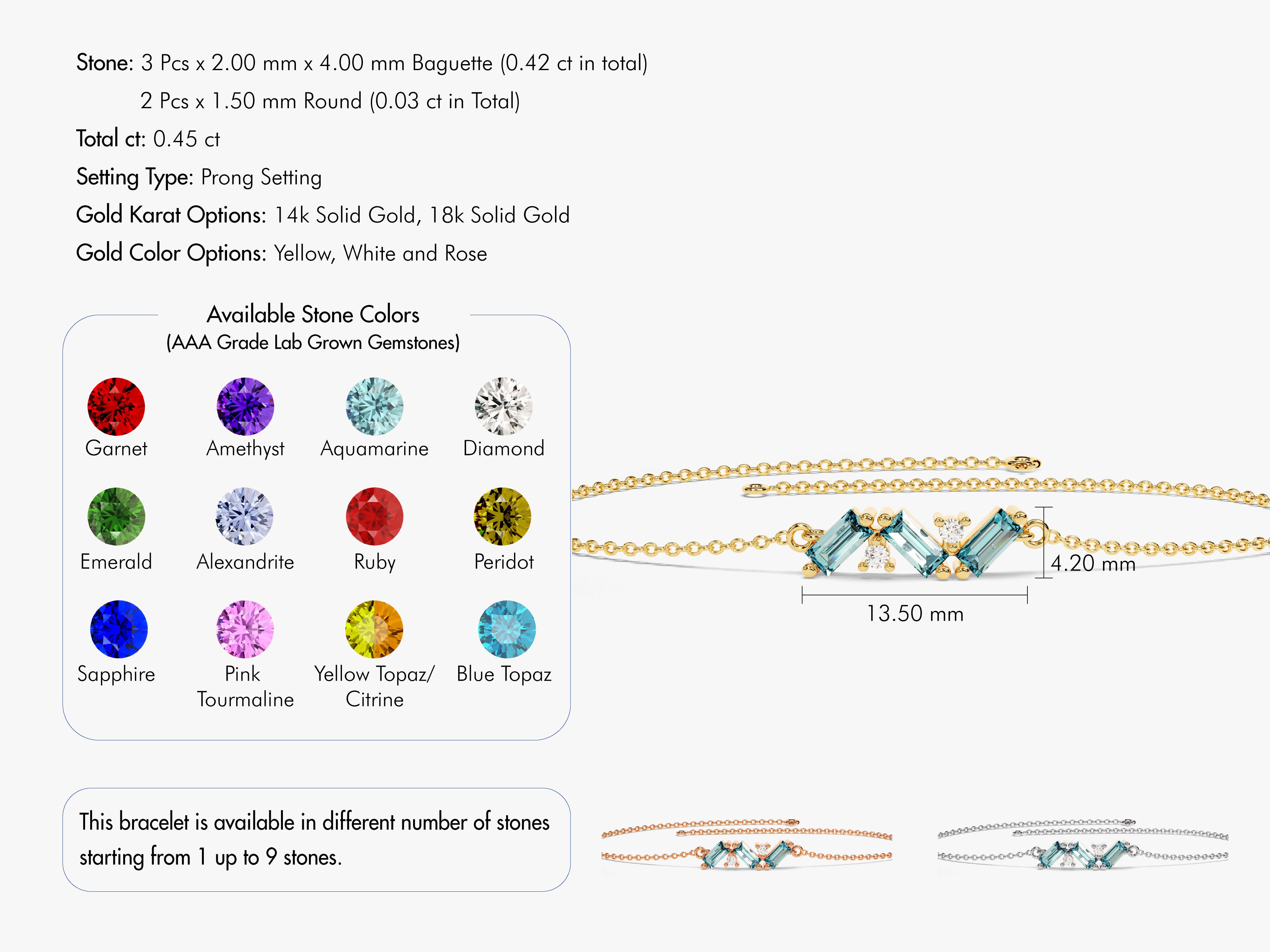 Baguette Cut Aquamarine Bracelet in 14k Solid Gold