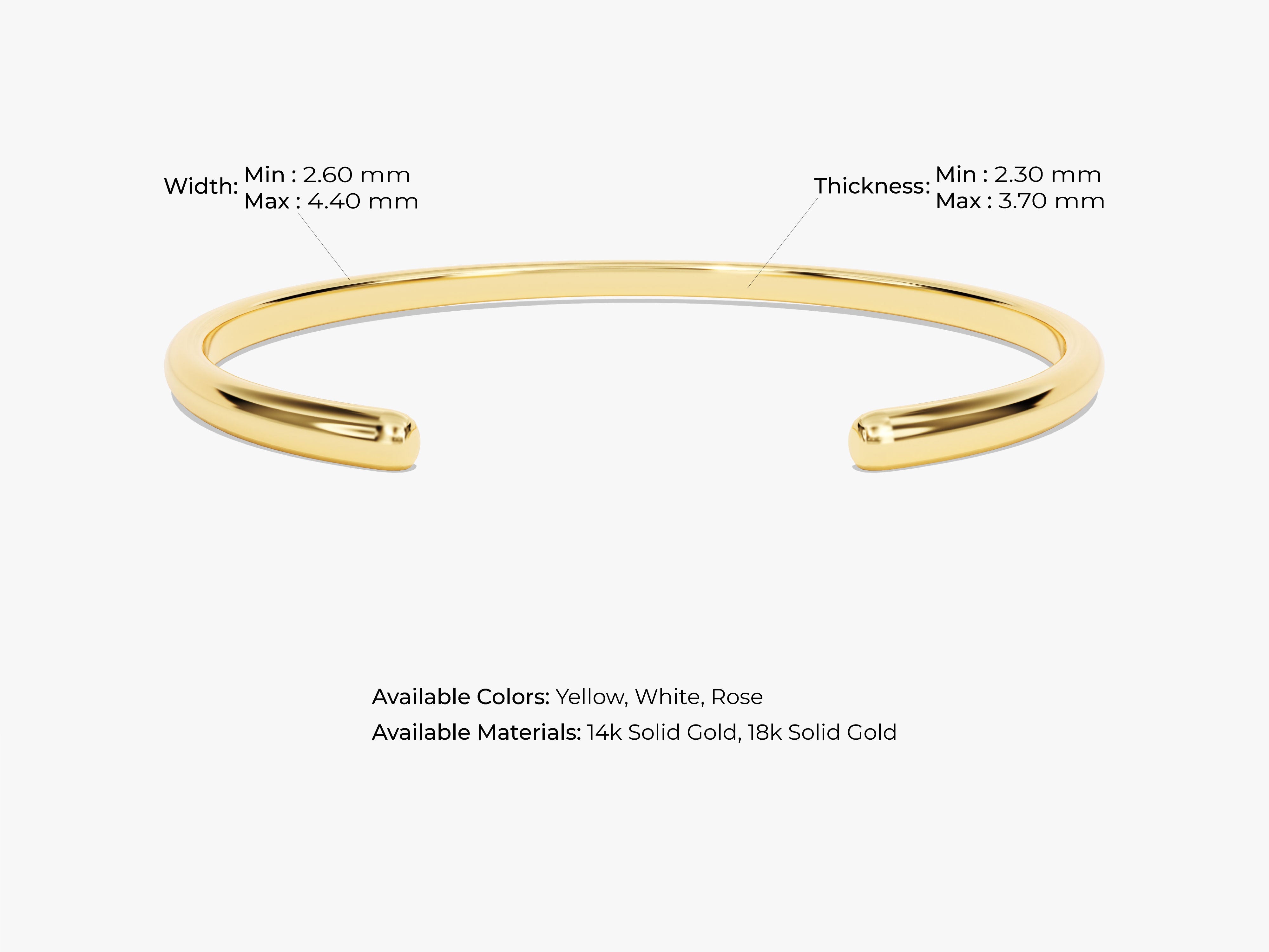 Gold cuff bracelet, available in yellow, white, rose gold