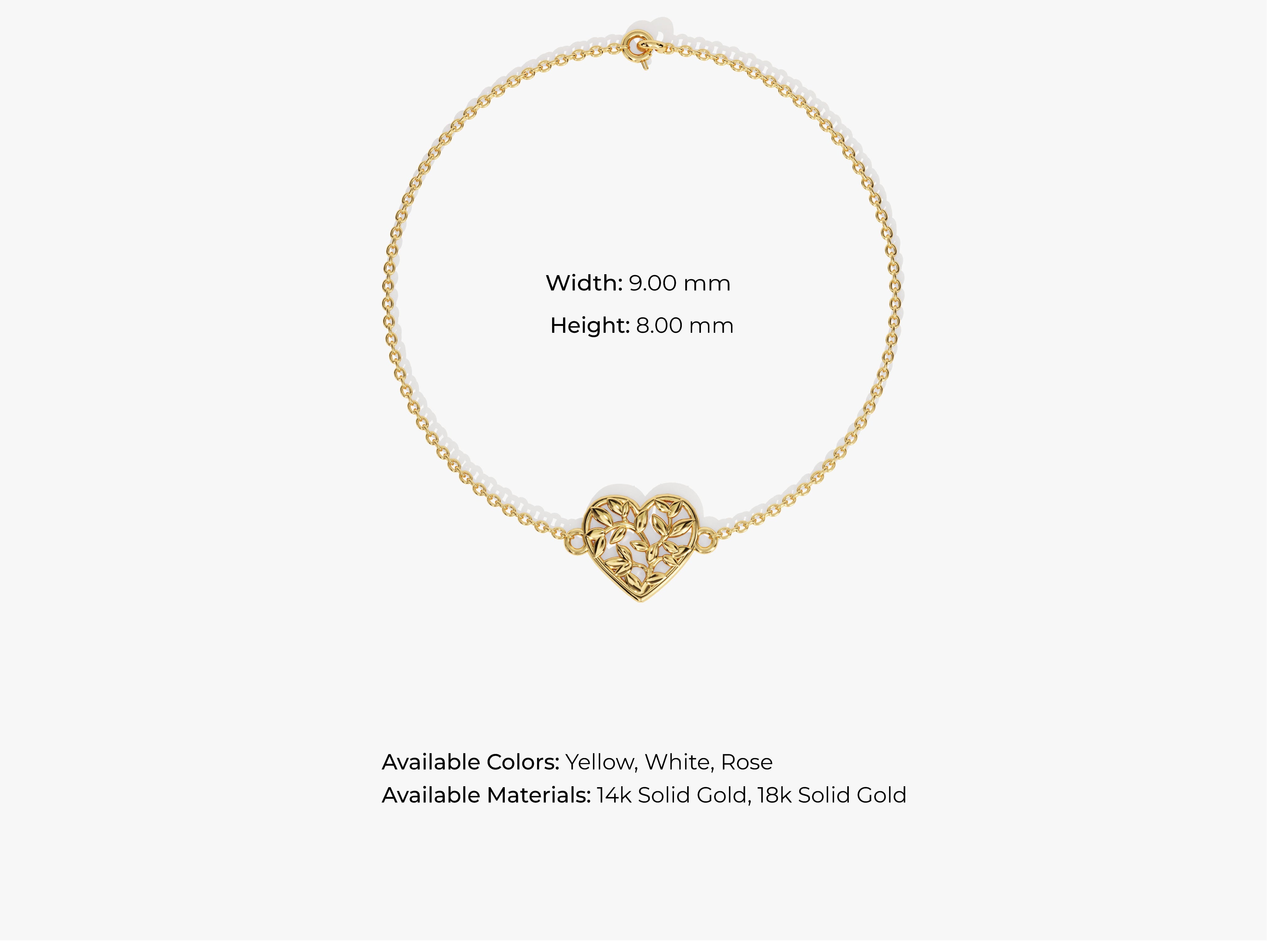 Gold heart bracelet with intricate leaf design, available in multiple colors