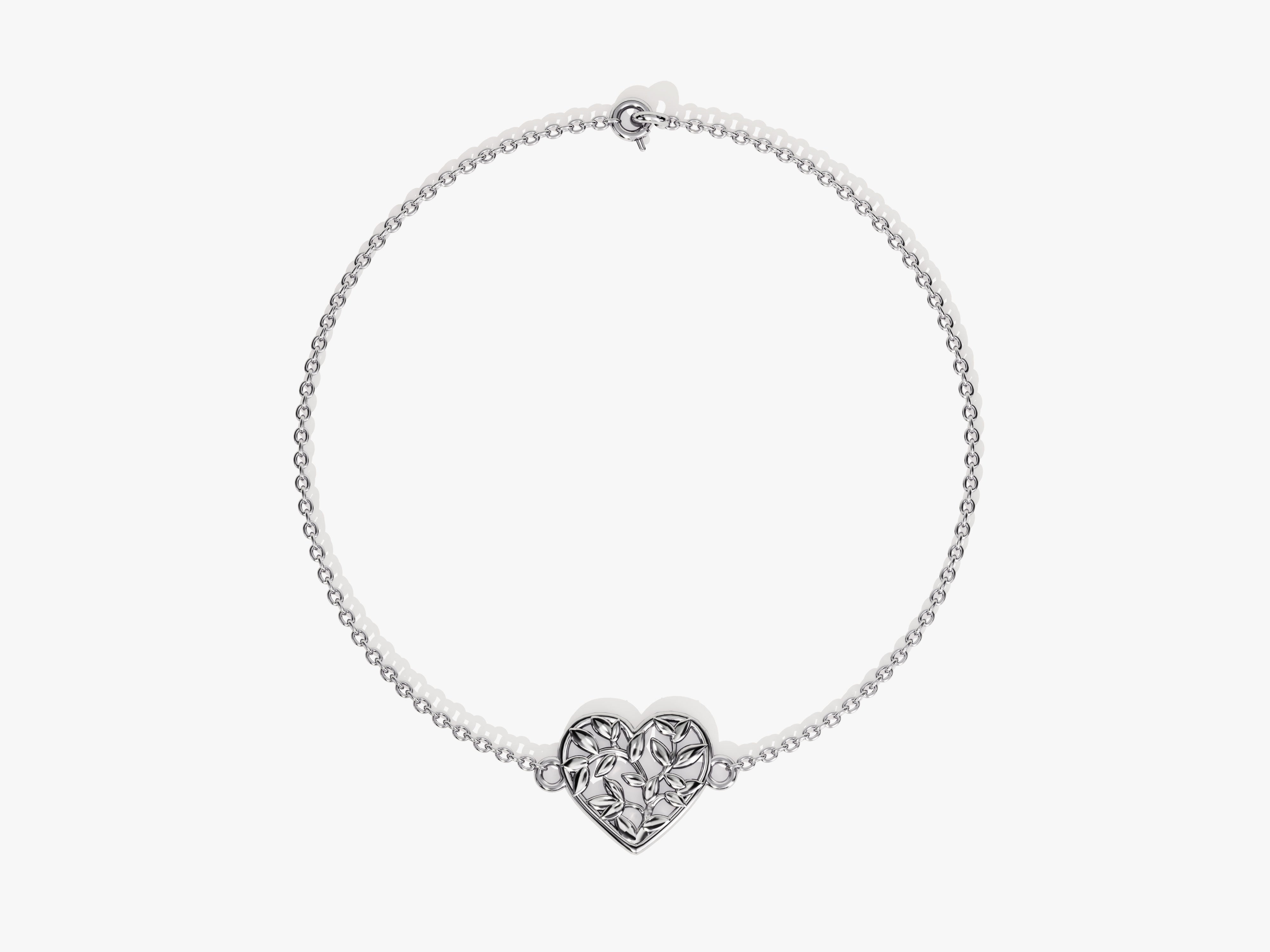 Silver heart charm bracelet with leaf design jewelry