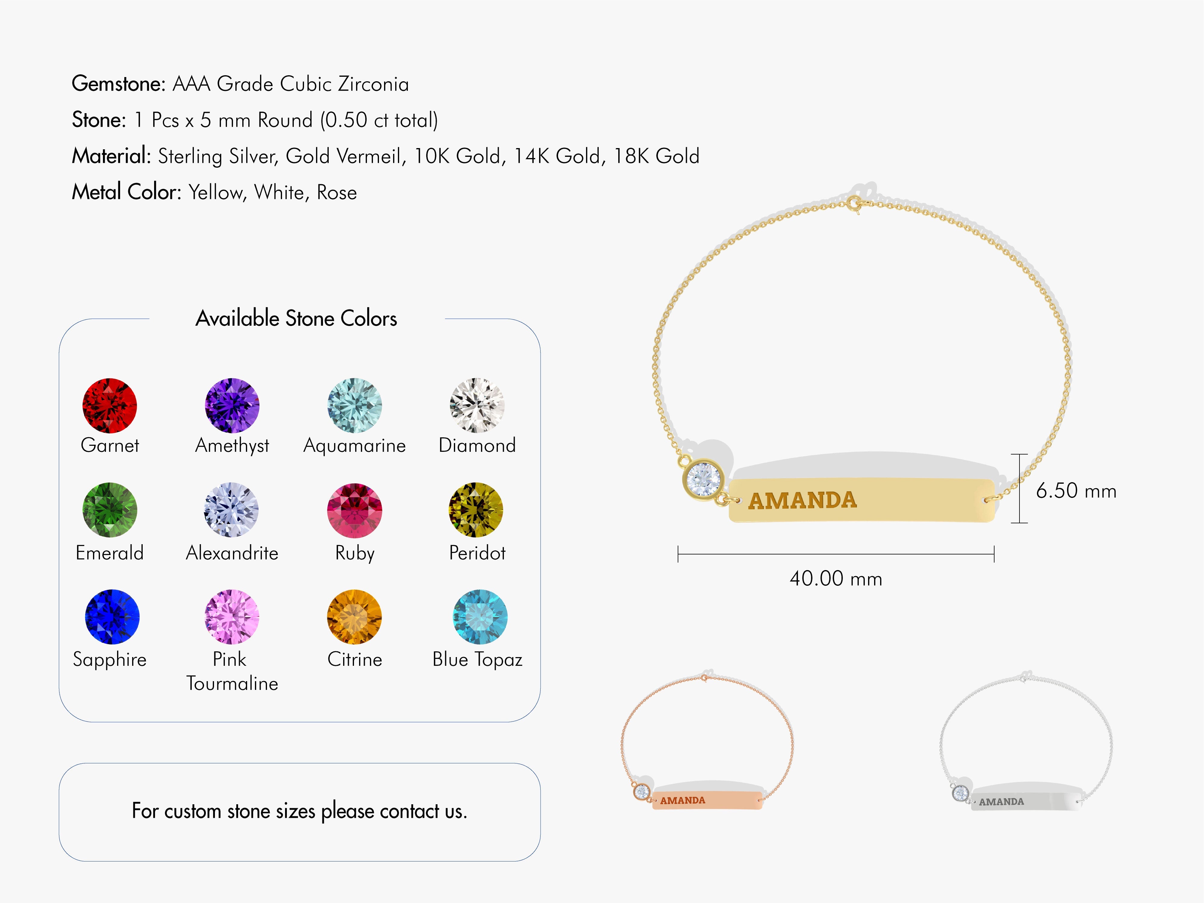 Personalized name bar bracelet with customizable gemstone options