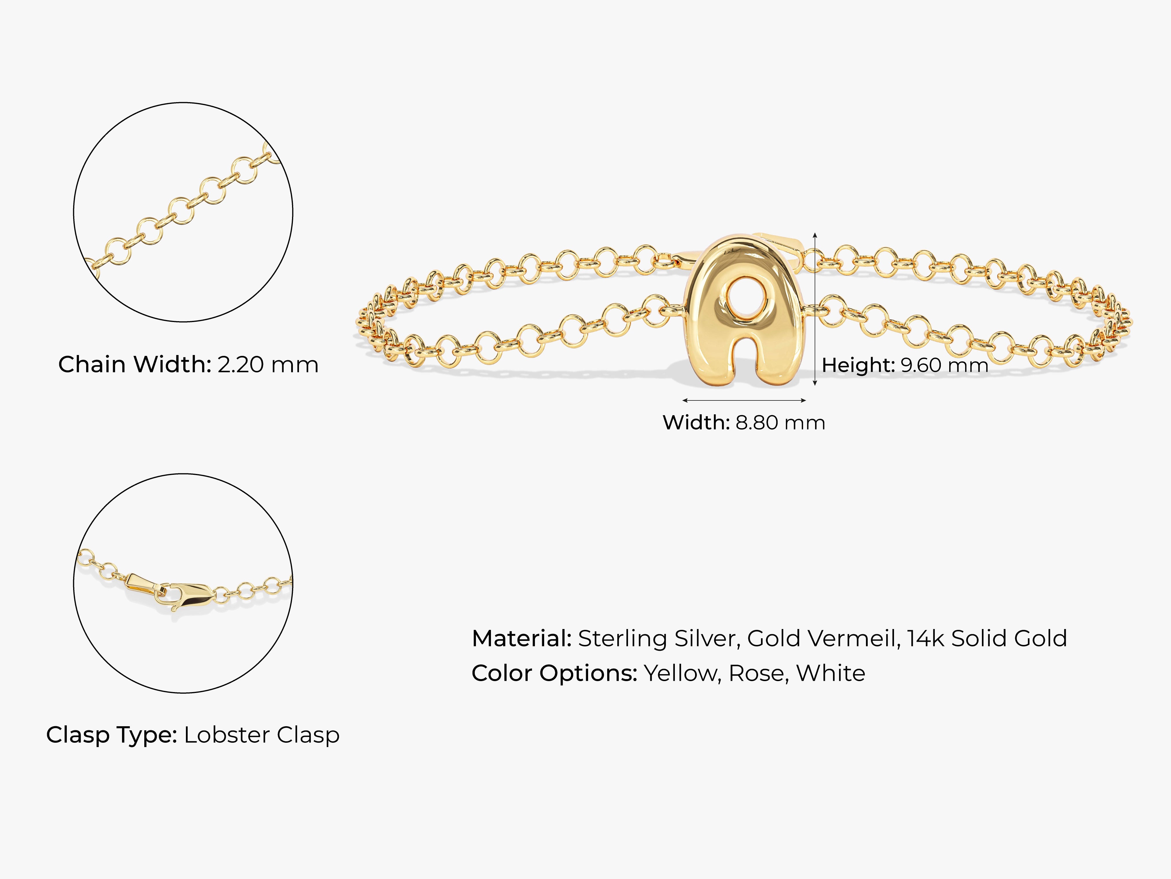 Gold letter 'A' charm bracelet, sterling silver, gold vermeil, 14k solid gold