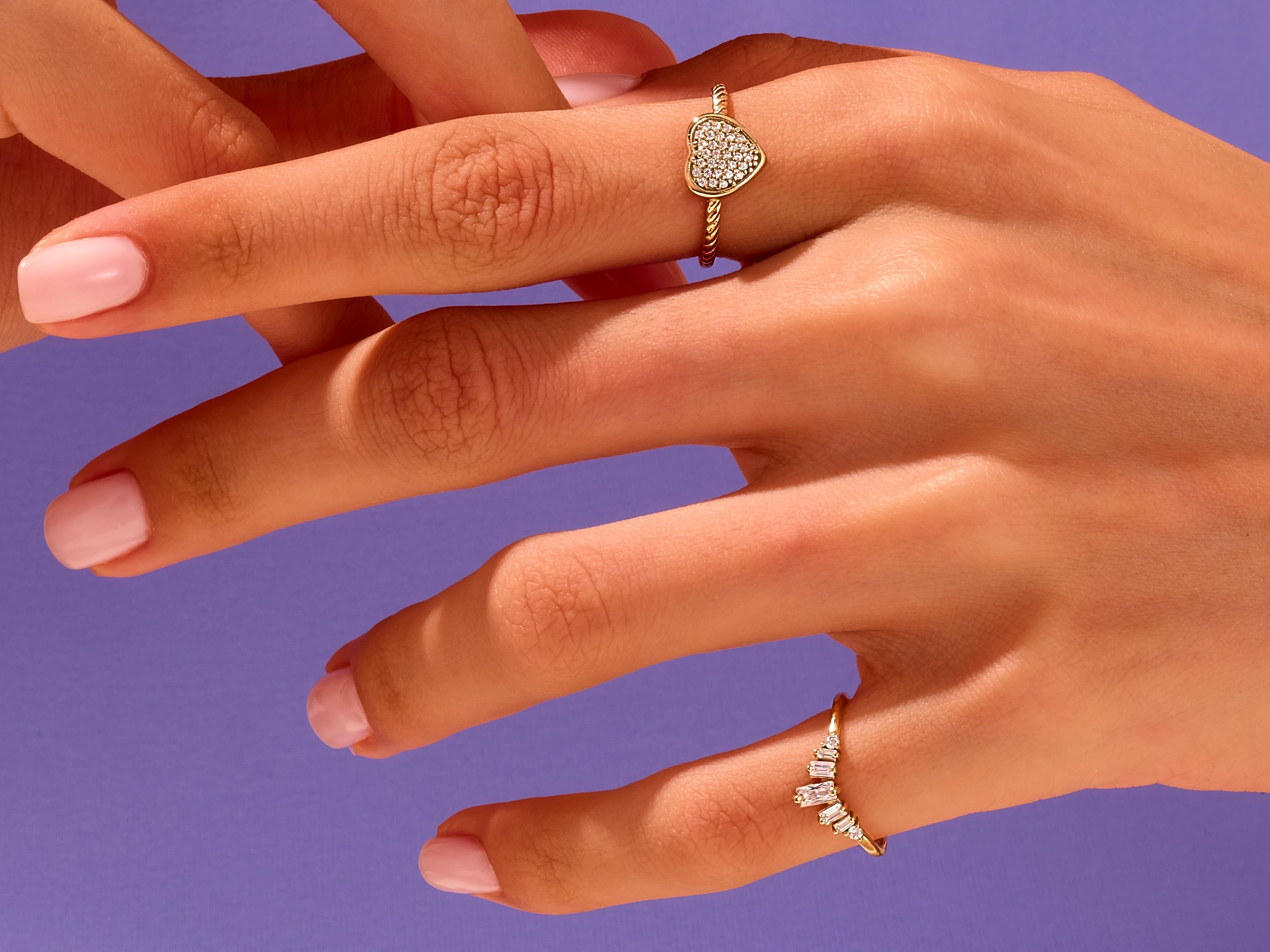 Gold rings with diamonds on fingers, jewelry for women