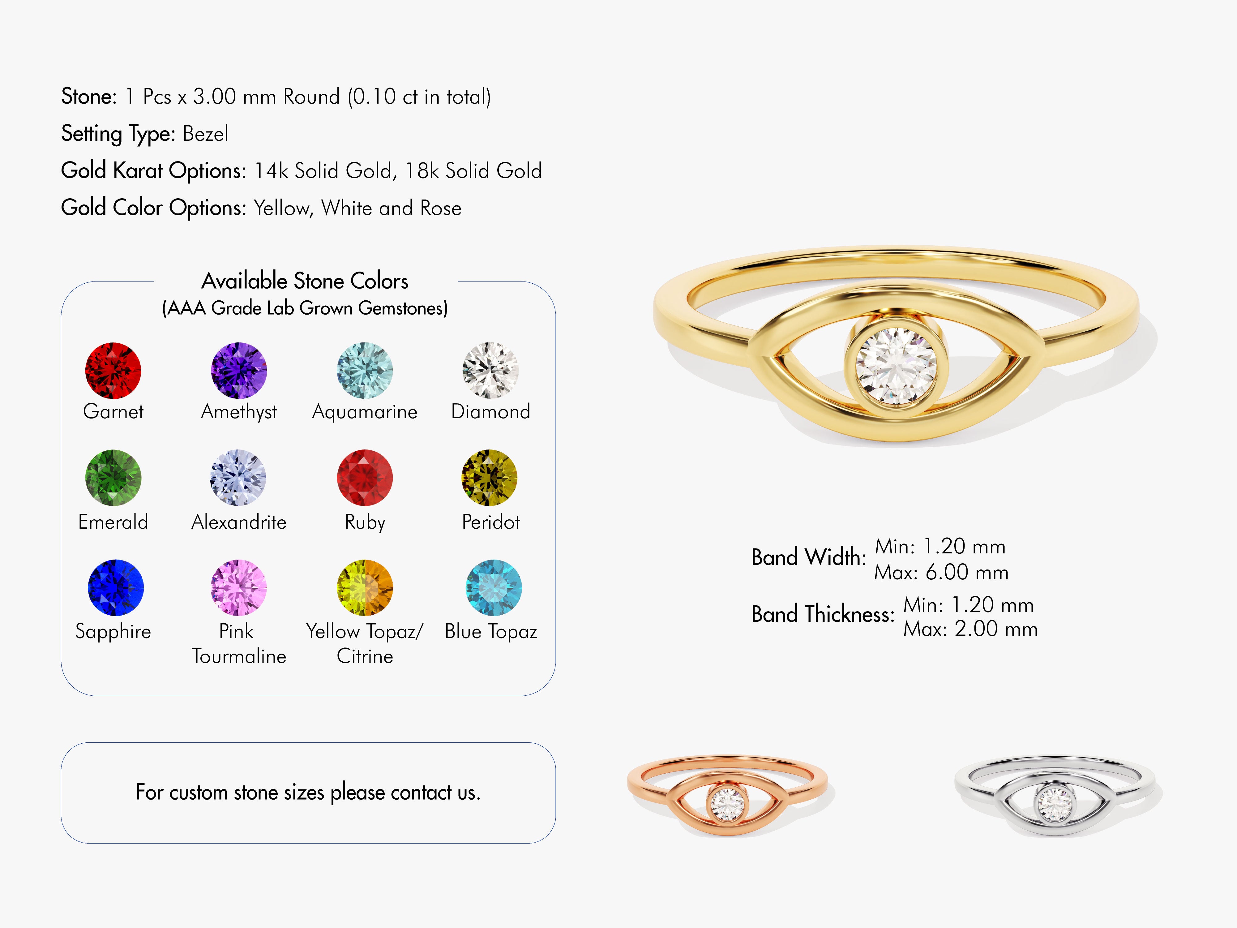 Bezel Evil Eye Diamond Birthstone Ring in 14K Solid Gold