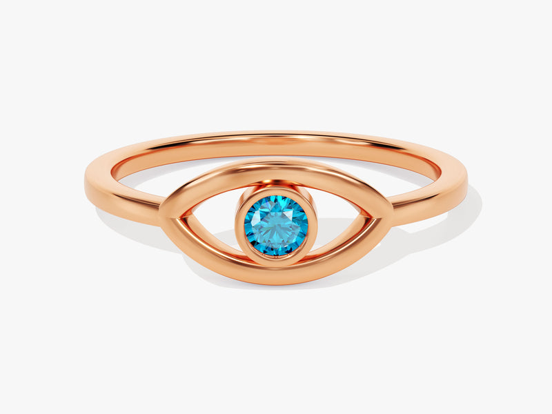 Bezel Evil Eye Blue Topaz Ring in 14K Solid Gold