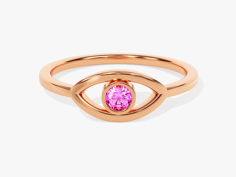 Bezel Evil Eye Pink Tourmaline Ring in 14K Solid Gold