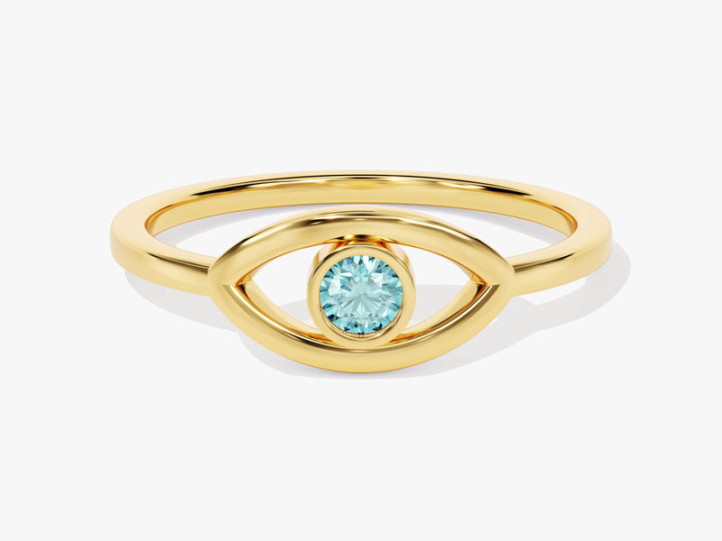 Bezel Evil Eye Aquamarine Ring in 14K Solid Gold
