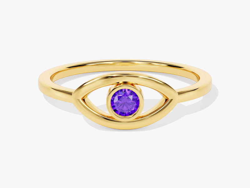 Bezel Evil Eye Amethyst Ring in 14K Solid Gold