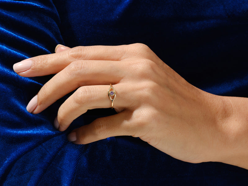 Bezel Evil Eye Citrine Ring in 14K Solid Gold