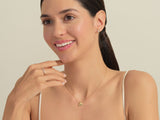 Diamond jewelry on model: gold ring, necklace, earrings