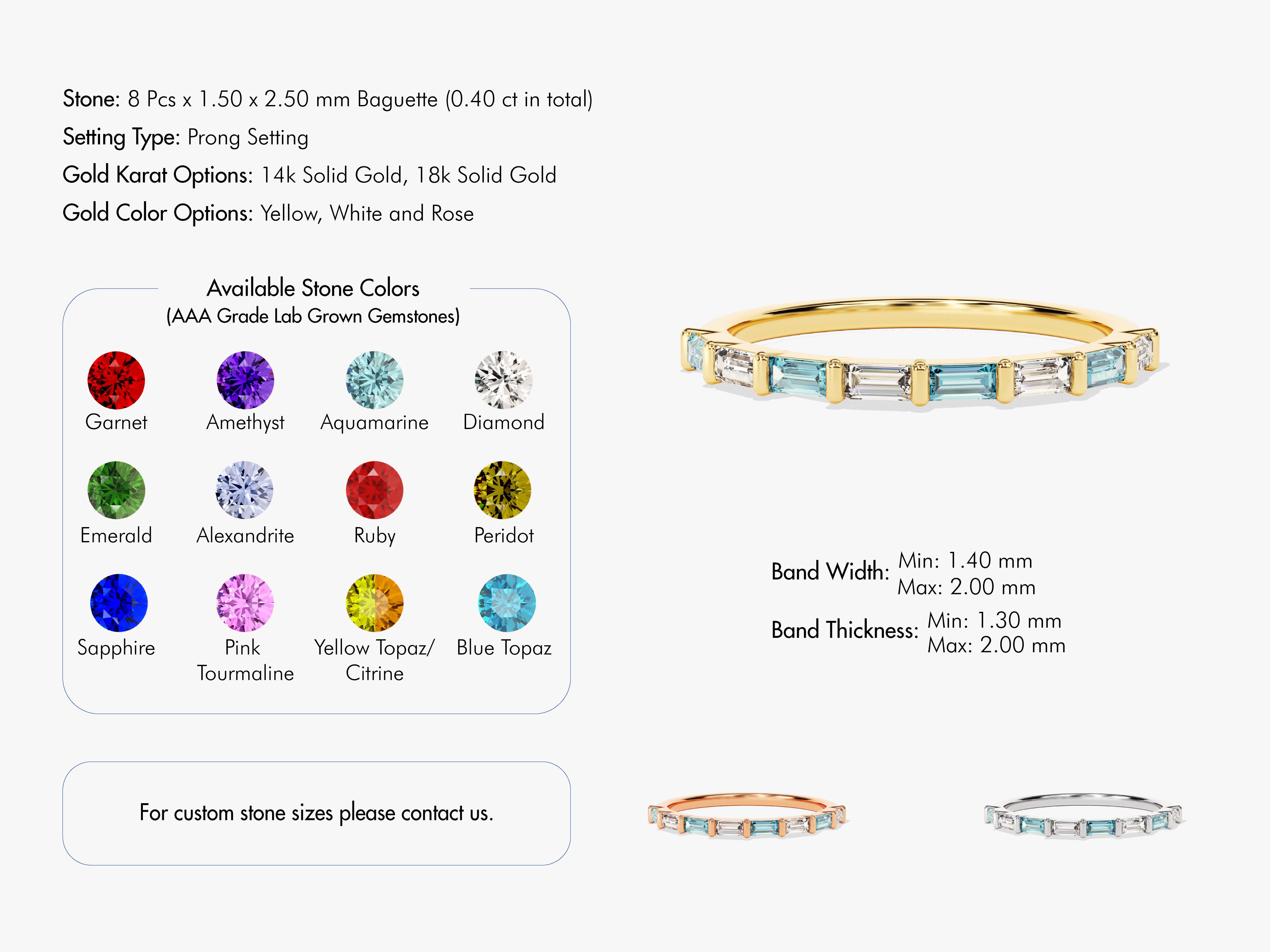 Baguette gemstone eternity ring in gold, customizable gemstone options