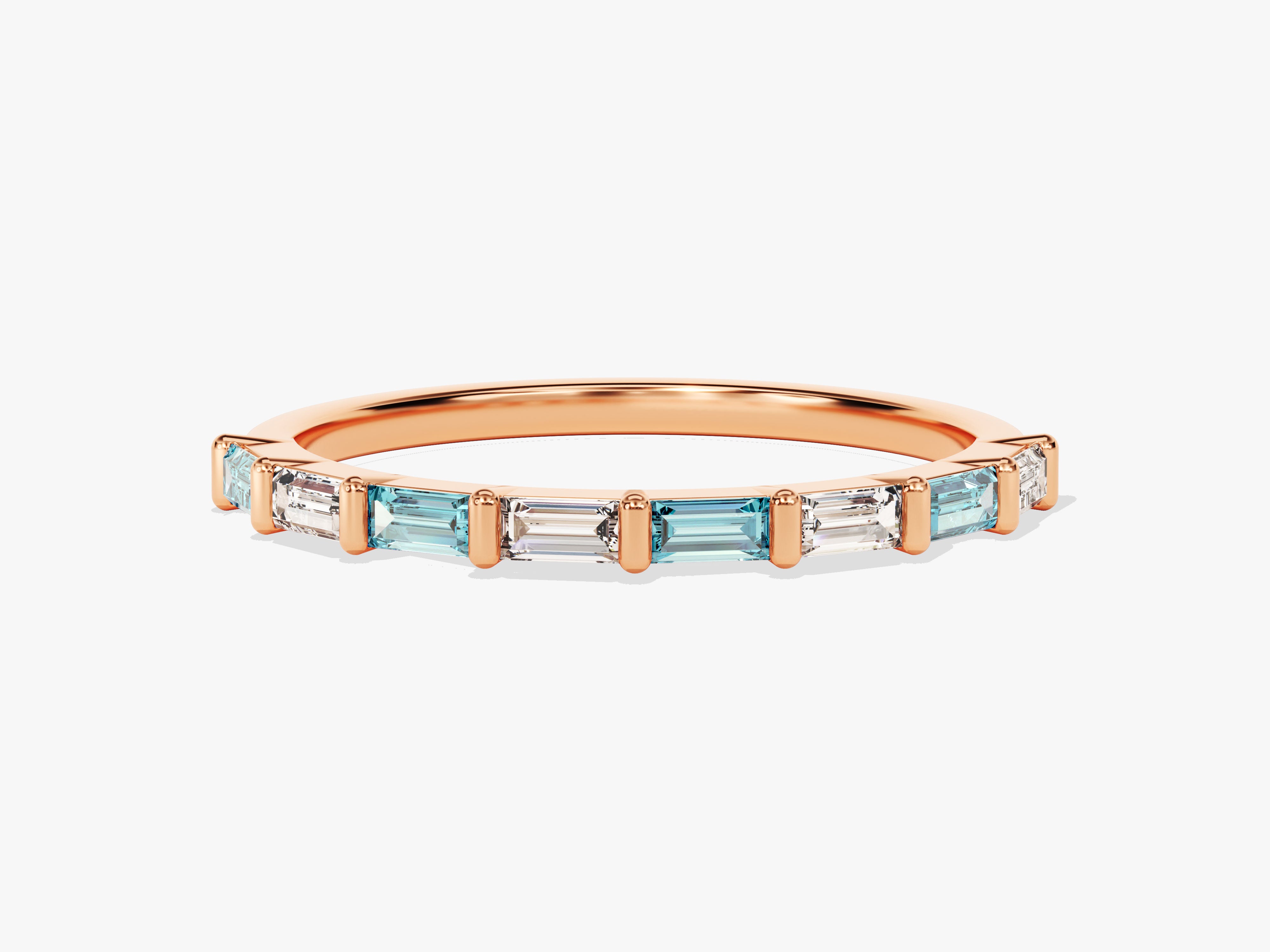 Rose gold ring with alternating baguette diamonds and aquamarines