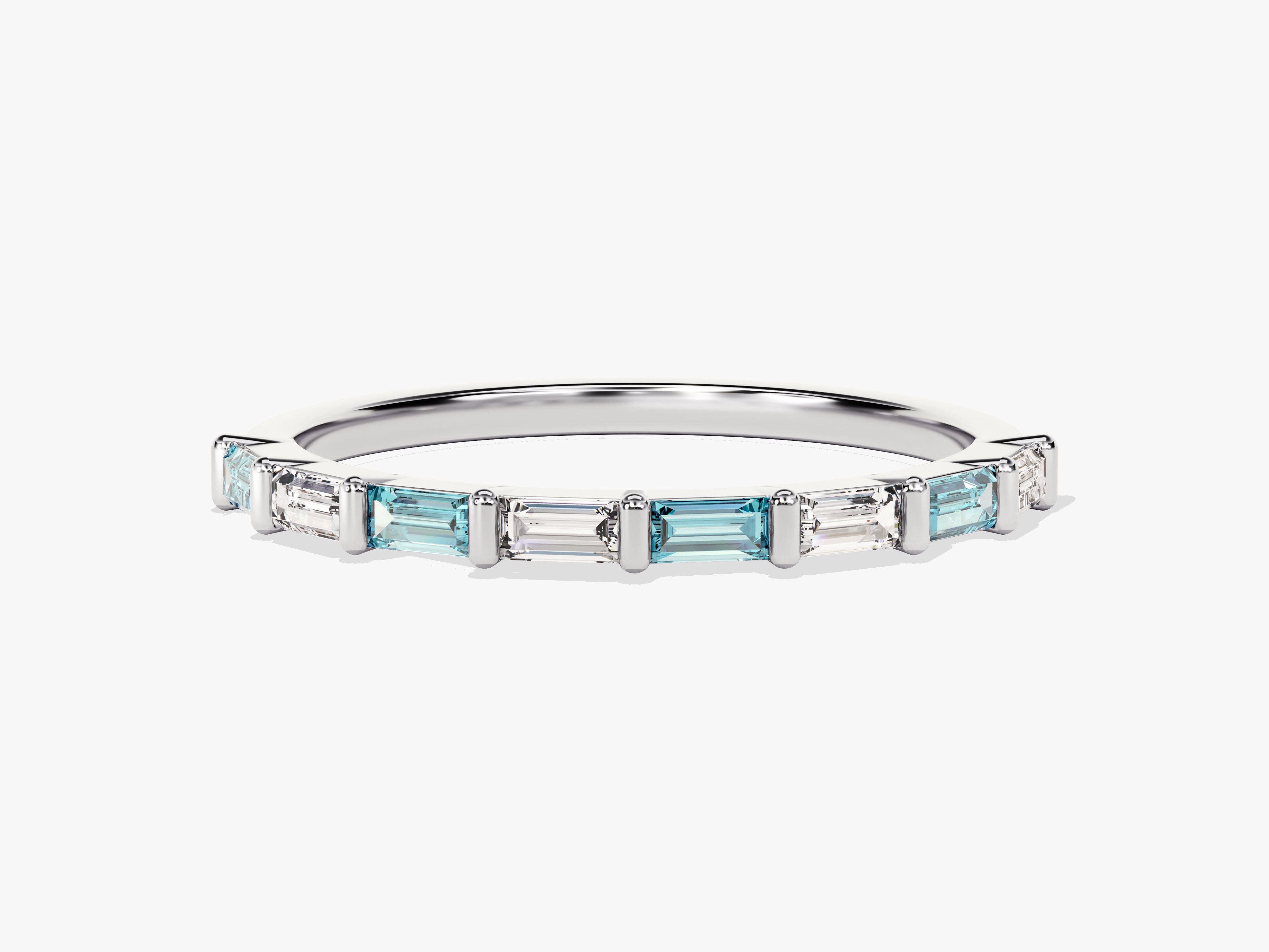 Baguette cut aquamarine and diamond eternity ring