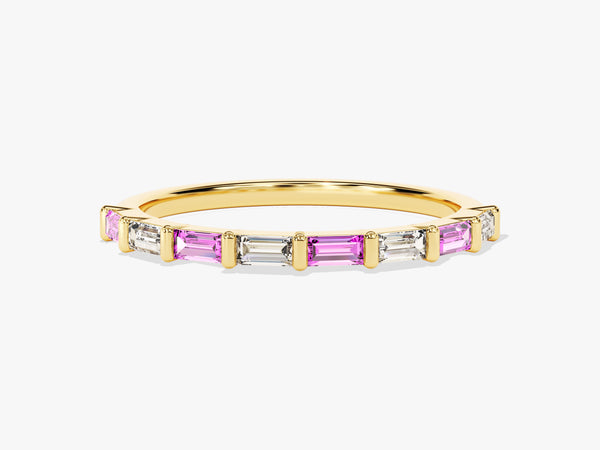 Bar Set Horizontal Baguette Pink Tourmaline Ring in 14K Solid Gold