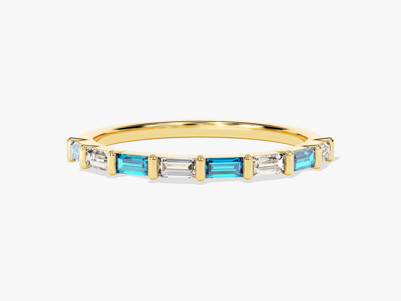 Bar Set Horizontal Baguette Blue Topaz Ring in 14K Solid Gold