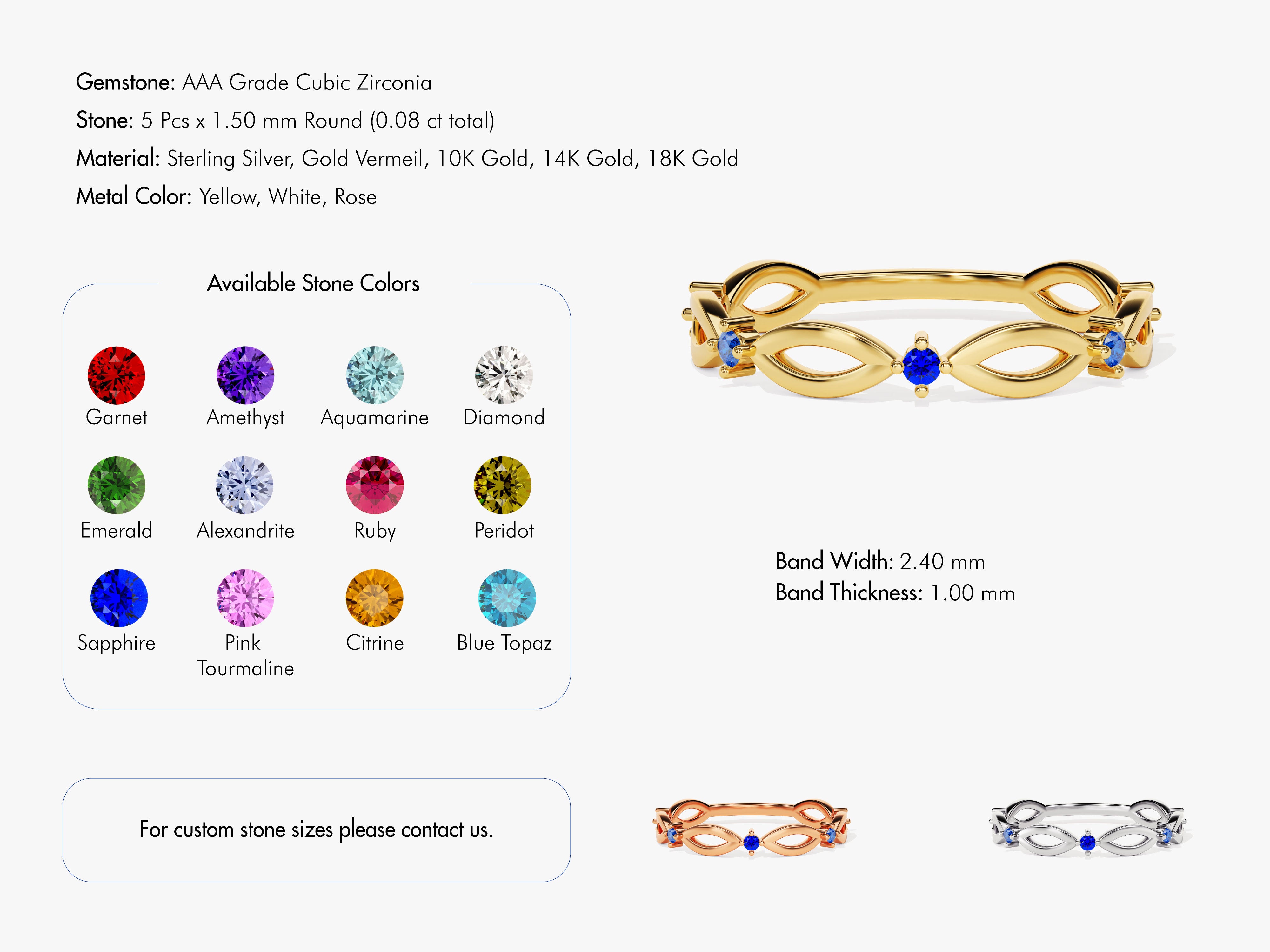 Gold ring with blue cubic zirconia stones, available in multiple metals