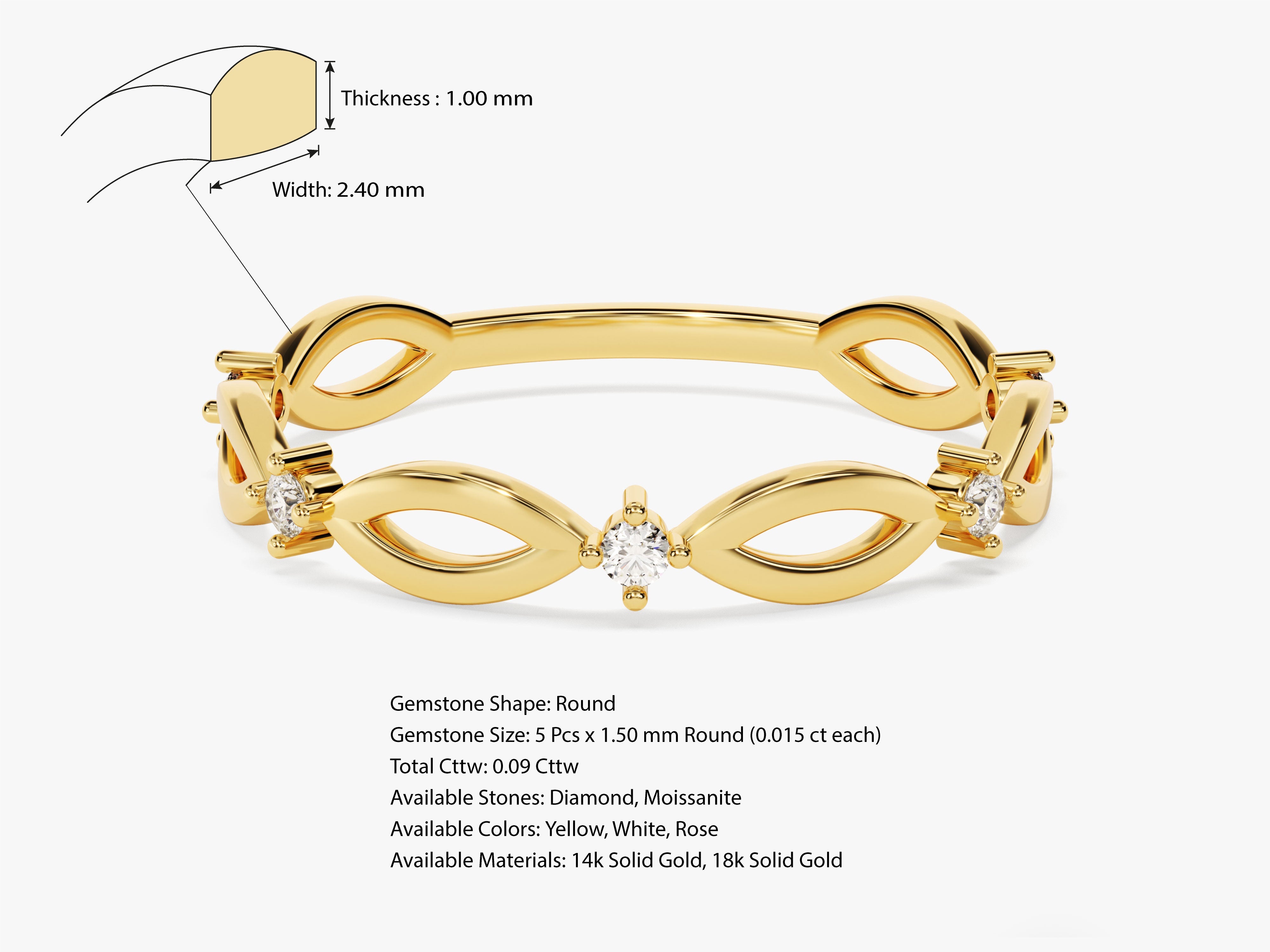 Gold infinity ring with diamonds, available in yellow, white, rose gold