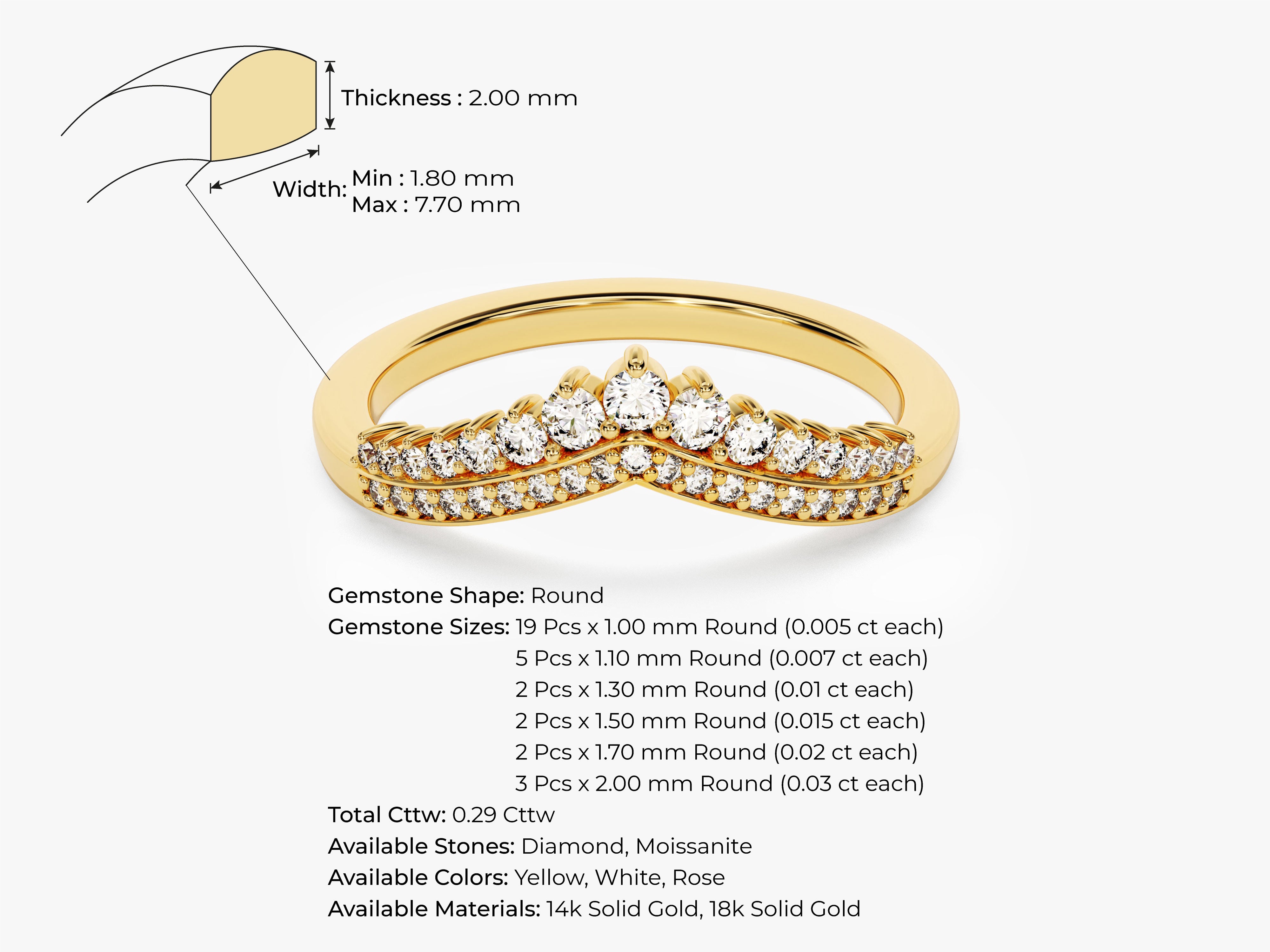 Diamond and moissanite curved band ring in yellow gold